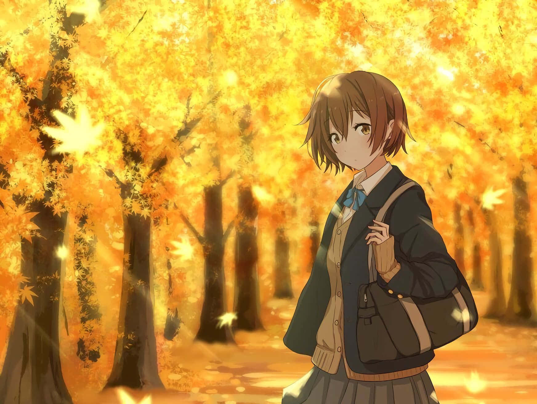 Yellow Fall Anime Girl In Forest Wallpaper