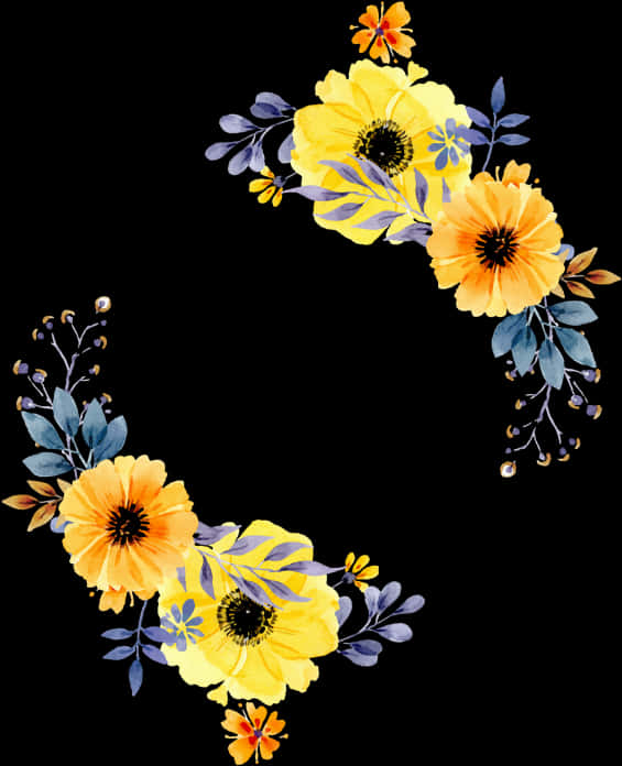 Yellow Floral Wreathon Black Background PNG