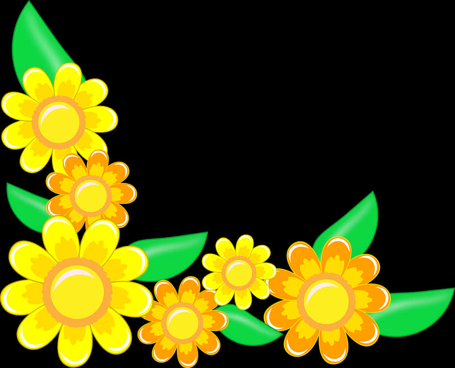 Yellow Flowers Green Leaves Black Background PNG