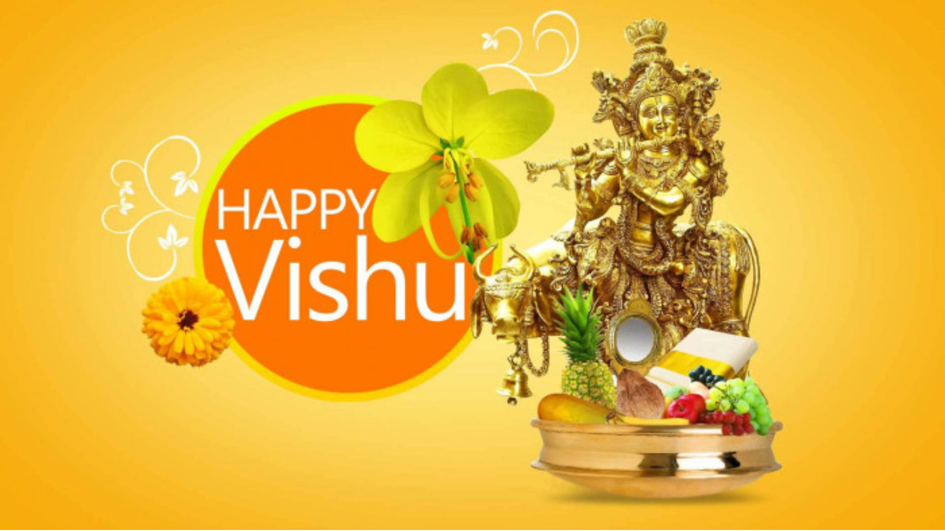 Yellow Flowers On Happy Vishu Greeting Wallpaper