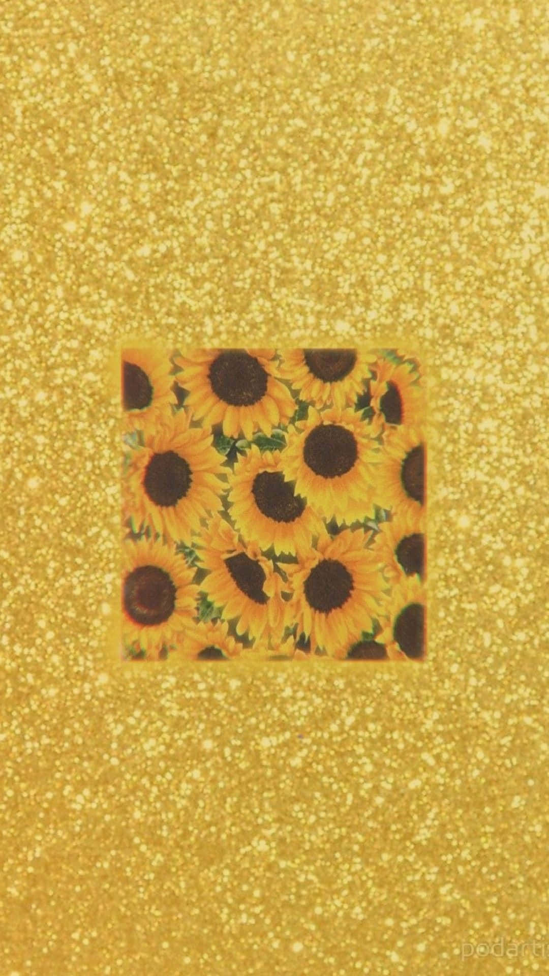 A Yellow Glittery Background With Sunflowers On It Wallpaper