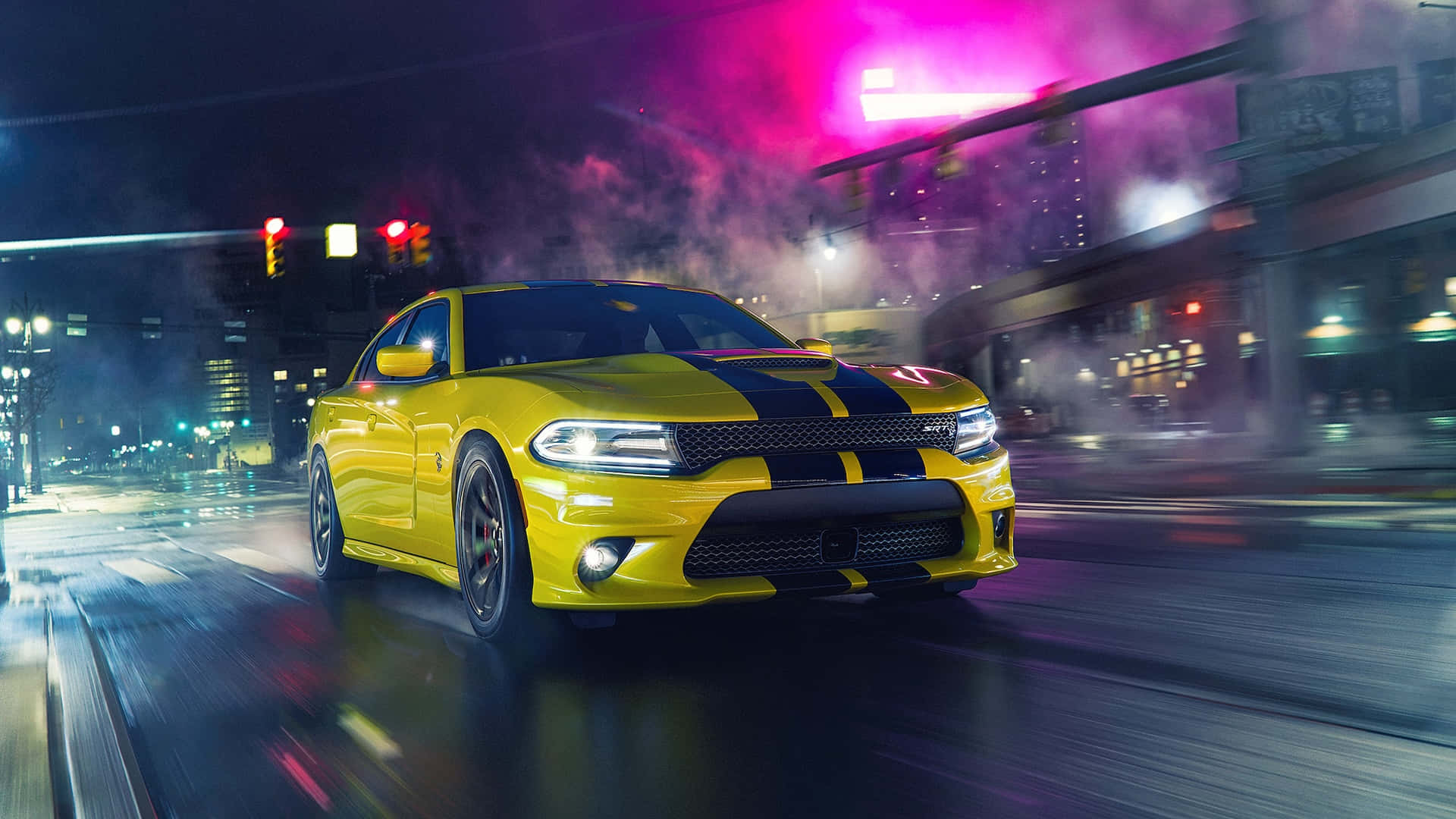 Yellow Hellcat Charger Night City Drive Wallpaper