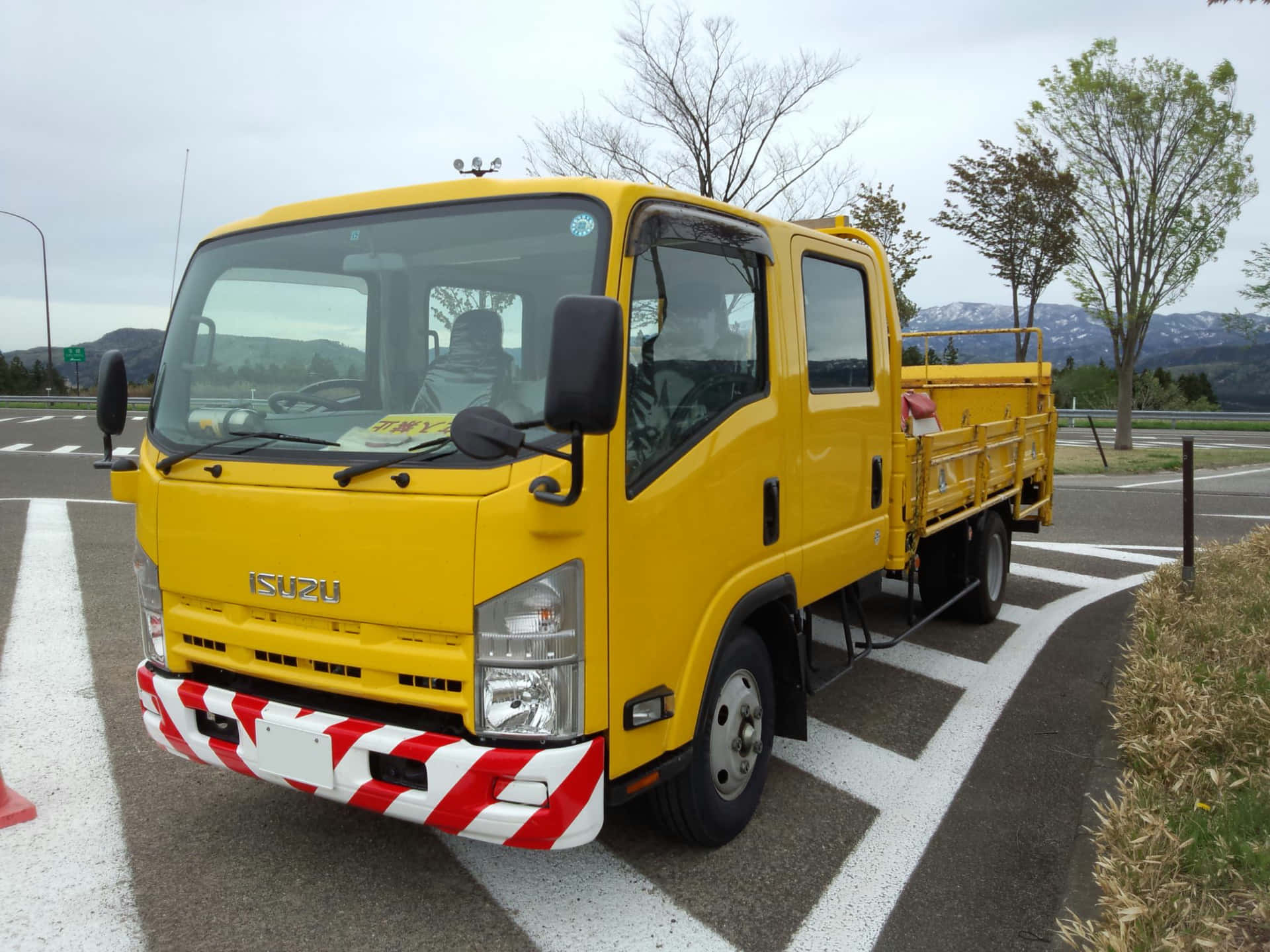 Geel Isuzu Elf Truck Geparkeerd Achtergrond