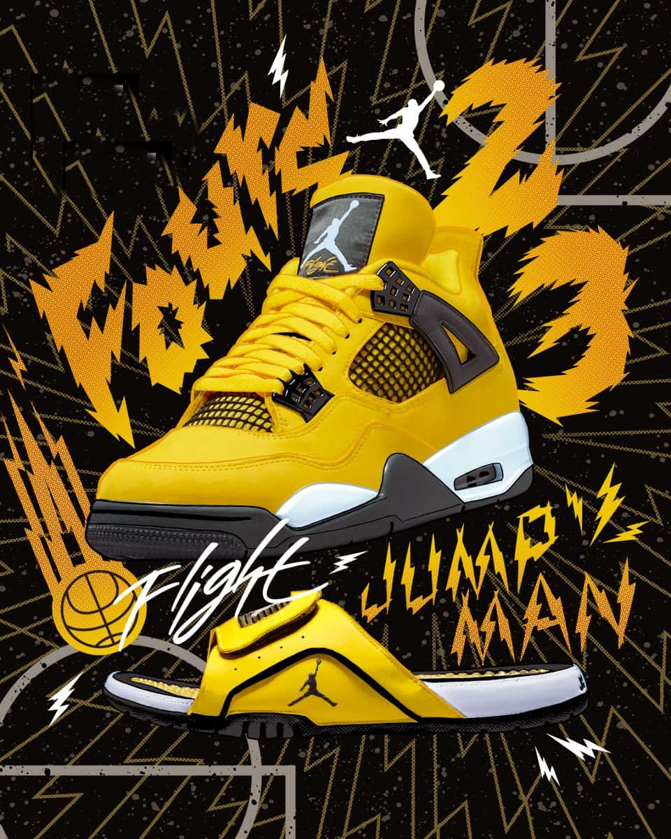 A Yellow Jordan 4 With A Black And Yellow Design Wallpaper