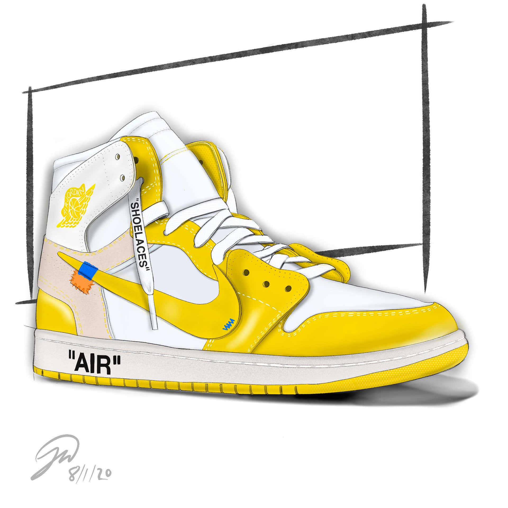 Et tegning af gule og hvide Air Jordan 1 sko Wallpaper
