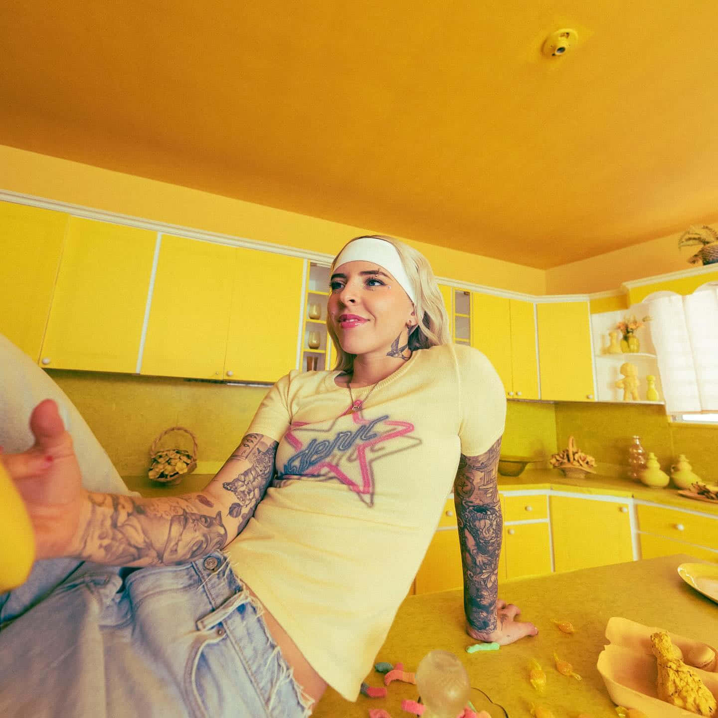 Yellow Kitchen Portrait Tattooed Woman Wallpaper
