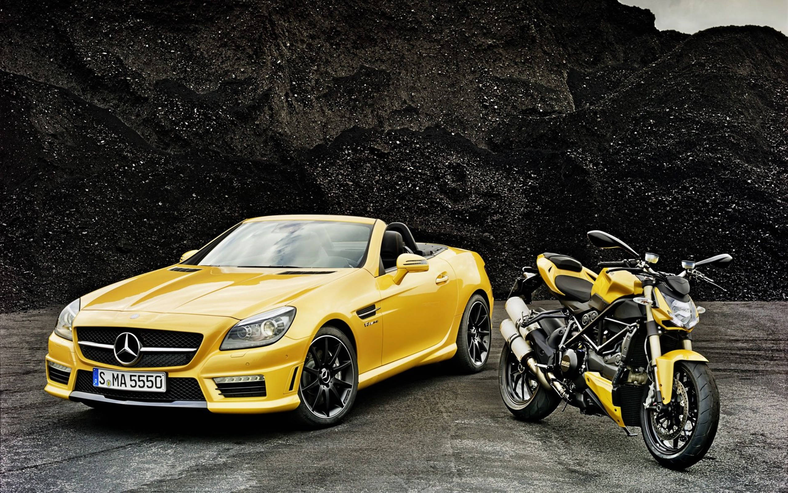 Yellow Mercedes-benz And Motorbike Hd Wallpaper
