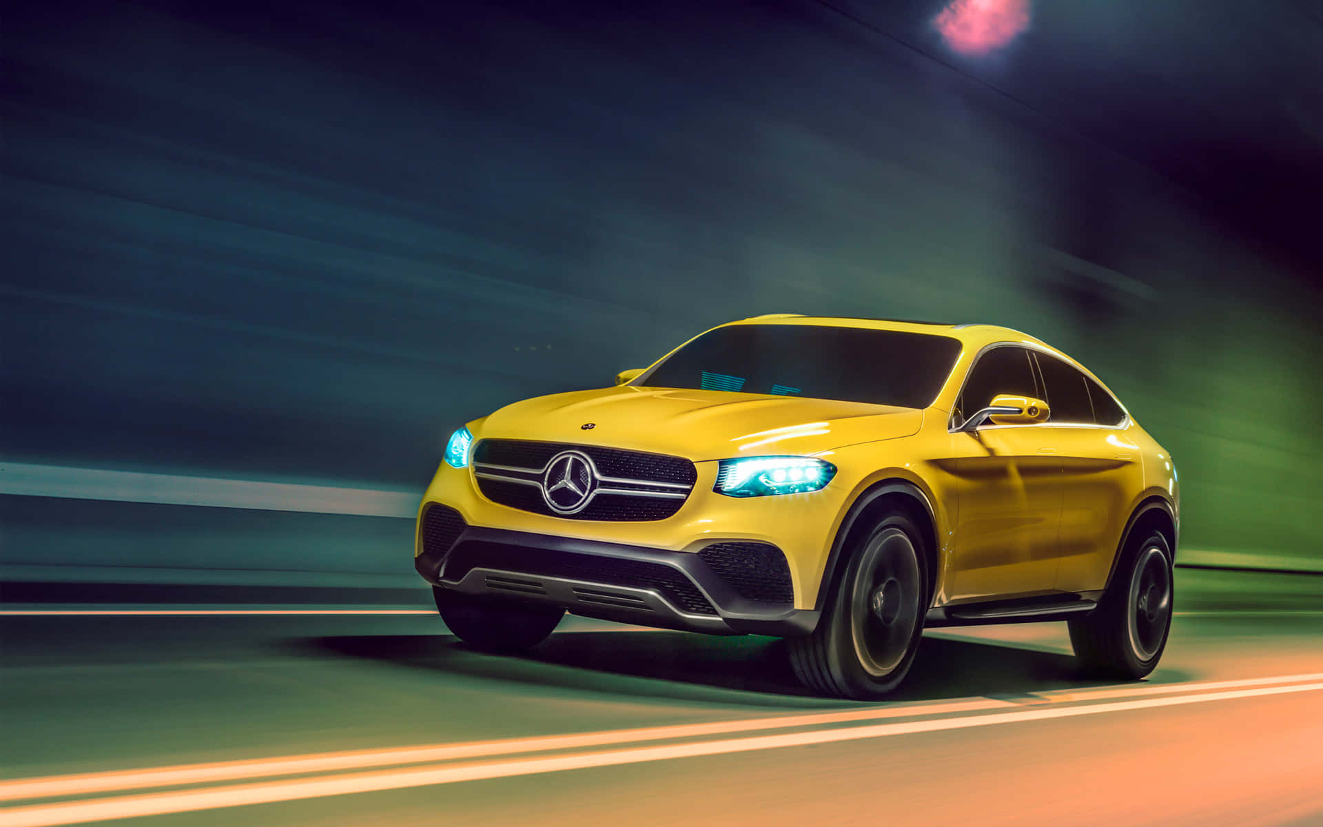 Yellow Mercedes Coupe Speeding Nighttime Wallpaper