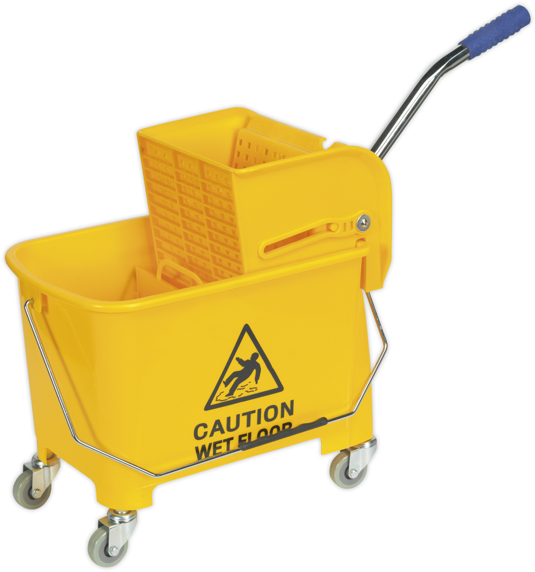 Yellow Mop Bucket With Wet Floor Sign PNG