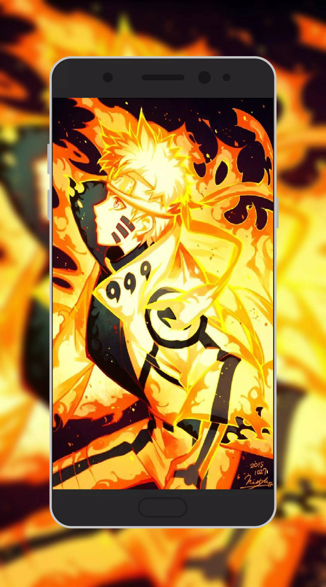 A Phone With An Image Of A Character In Flames Wallpaper