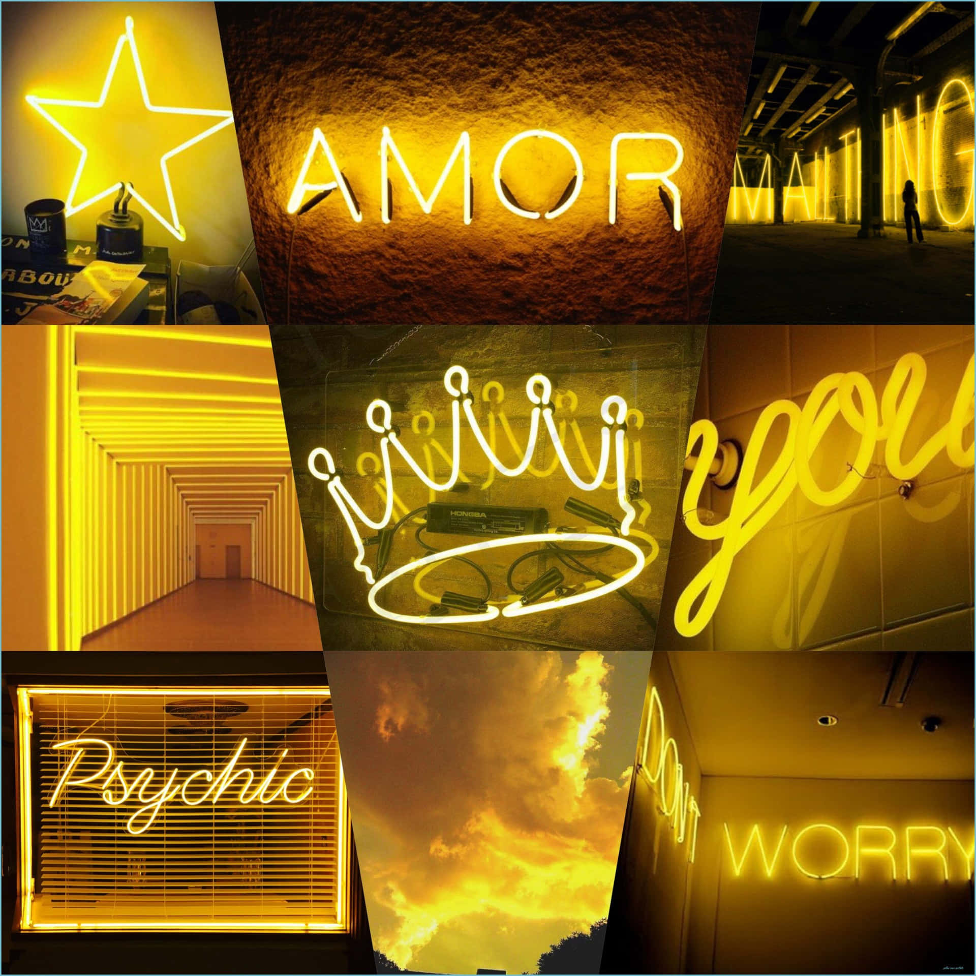 Einecollage Aus Gelben Neonschildern Mit Den Wörtern Amor Und You. Wallpaper
