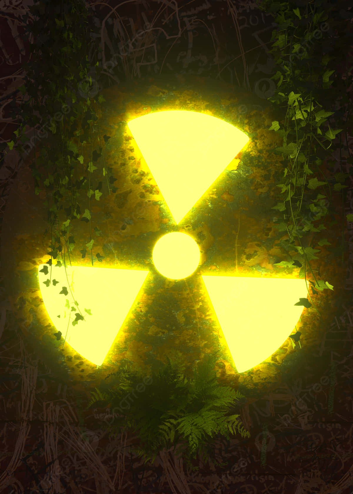 En gul radioaktiv skilt lyser op i den mørke hjørne af billedet Wallpaper