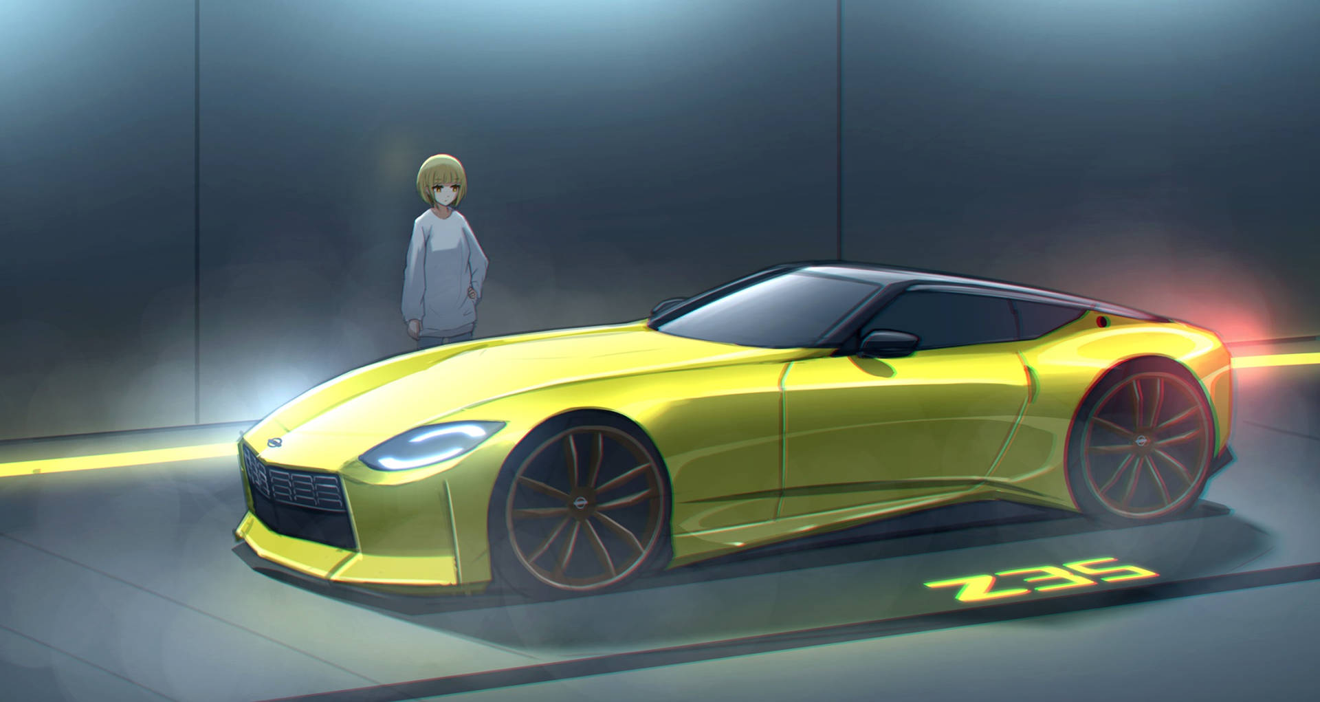 Yellow Nissan Z Proto Car Anime Background
