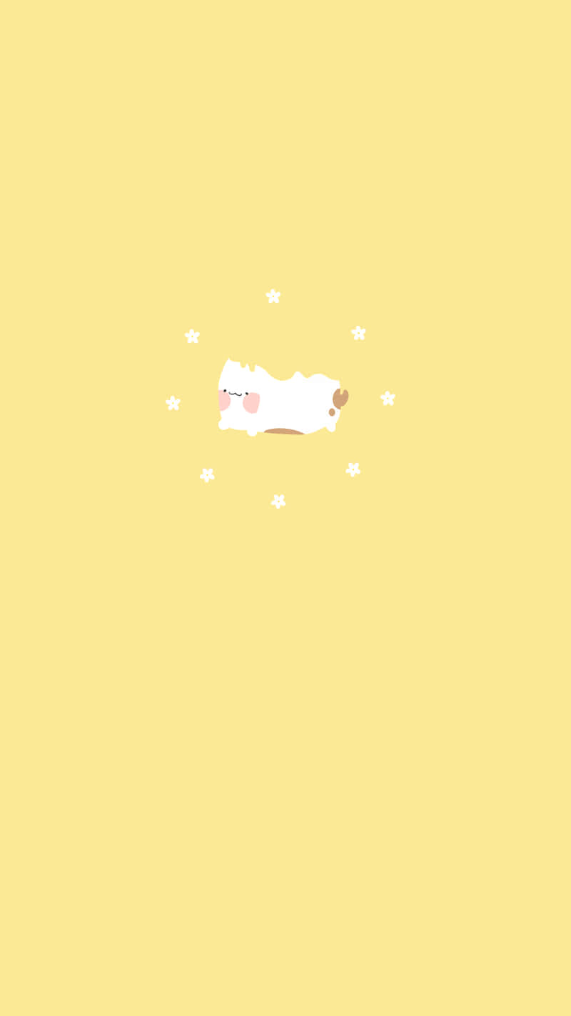 A Yellow Background With A White Cat On It
