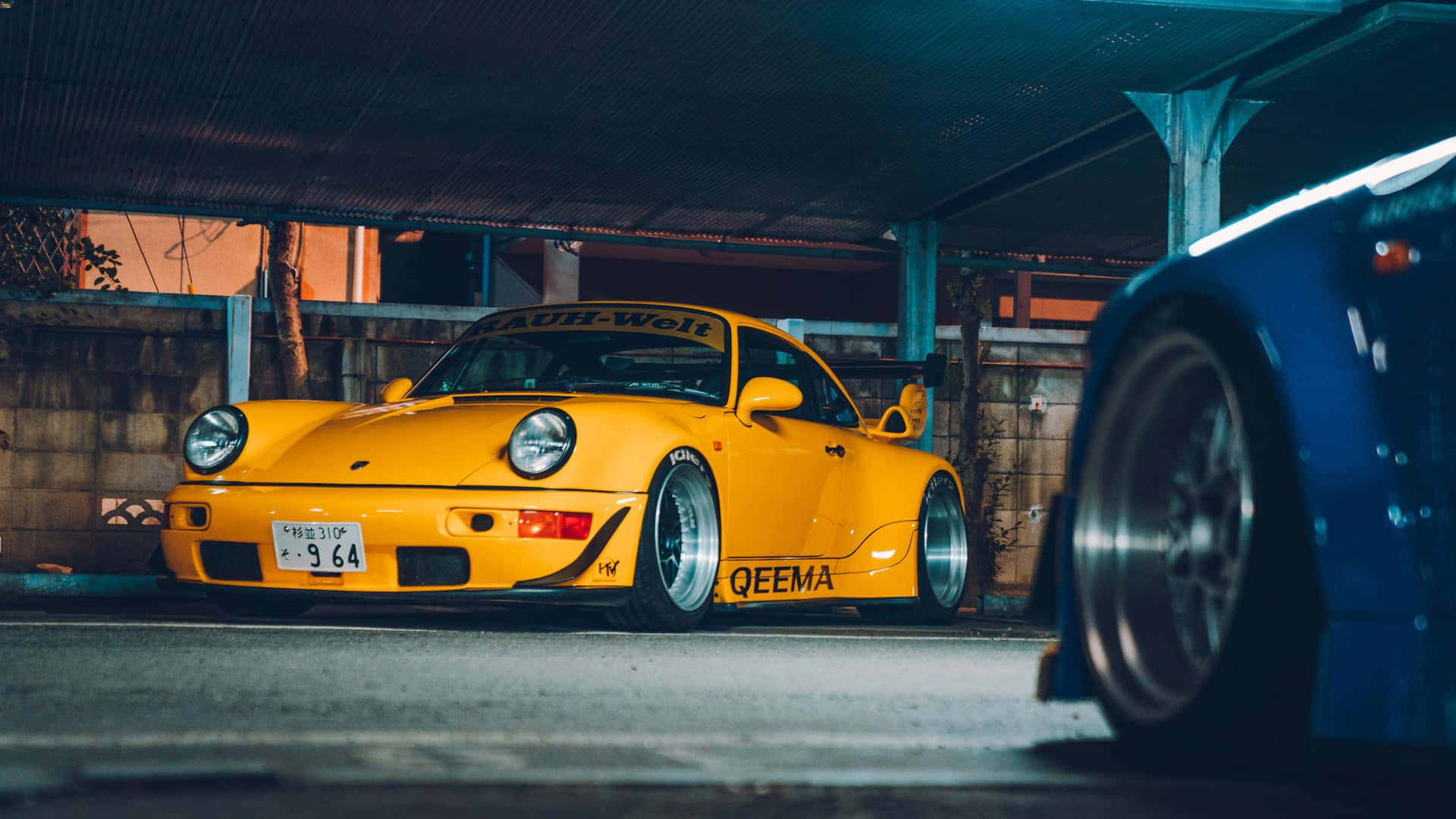 Yellow R W B Porsche Night Scene Wallpaper