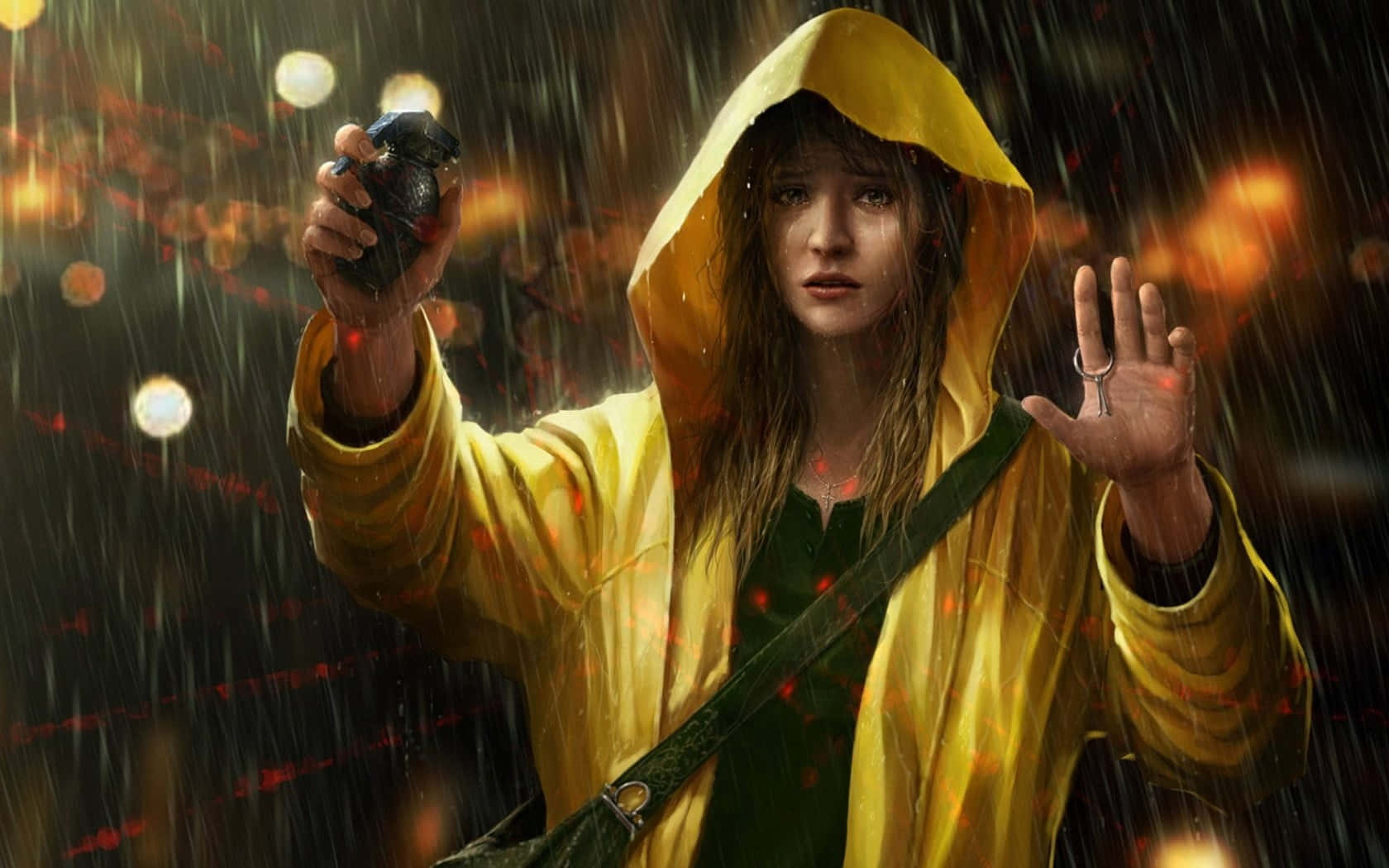 Smiling woman wearing a yellow raincoat outdoors Wallpaper