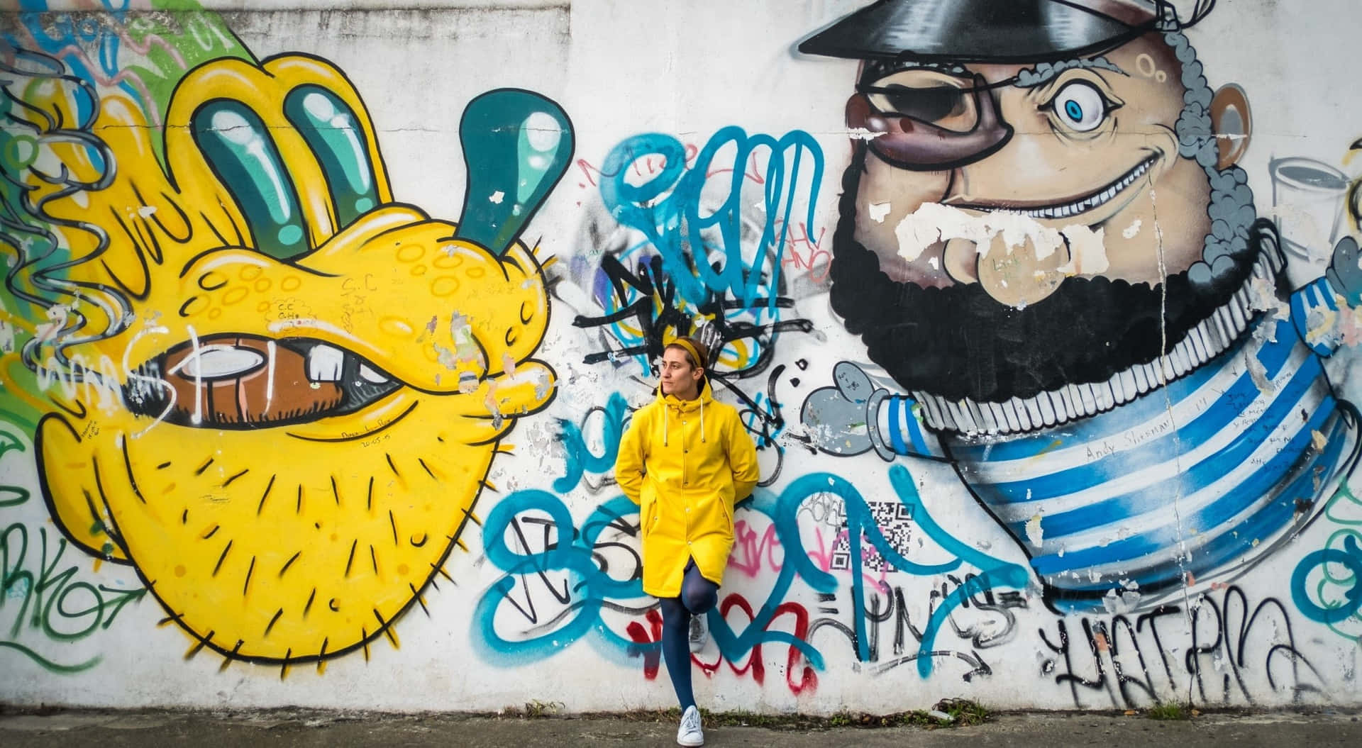 Woman wearing a stylish yellow raincoat outdoors Wallpaper