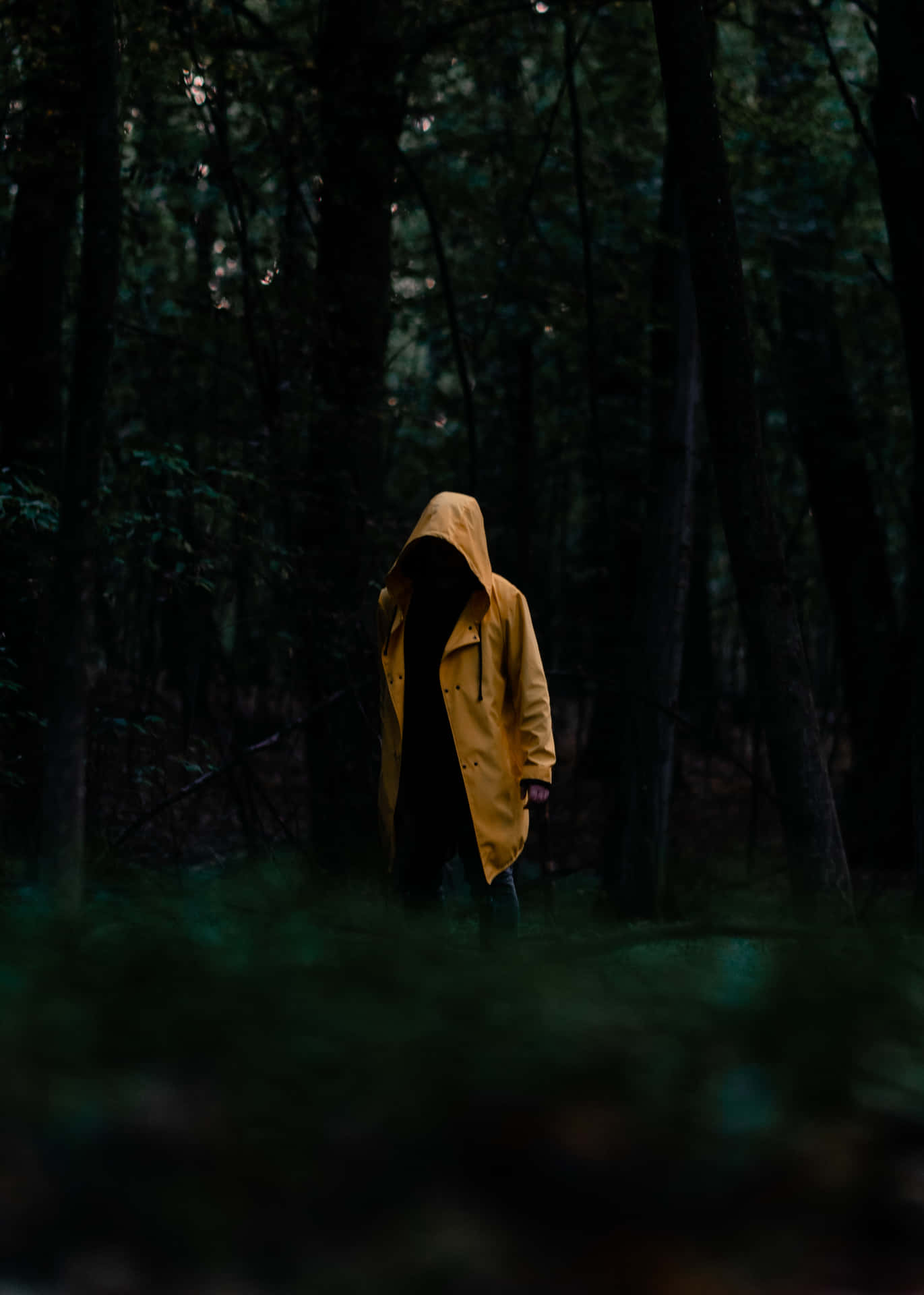 Woman in a bright yellow raincoat on a rainy day Wallpaper