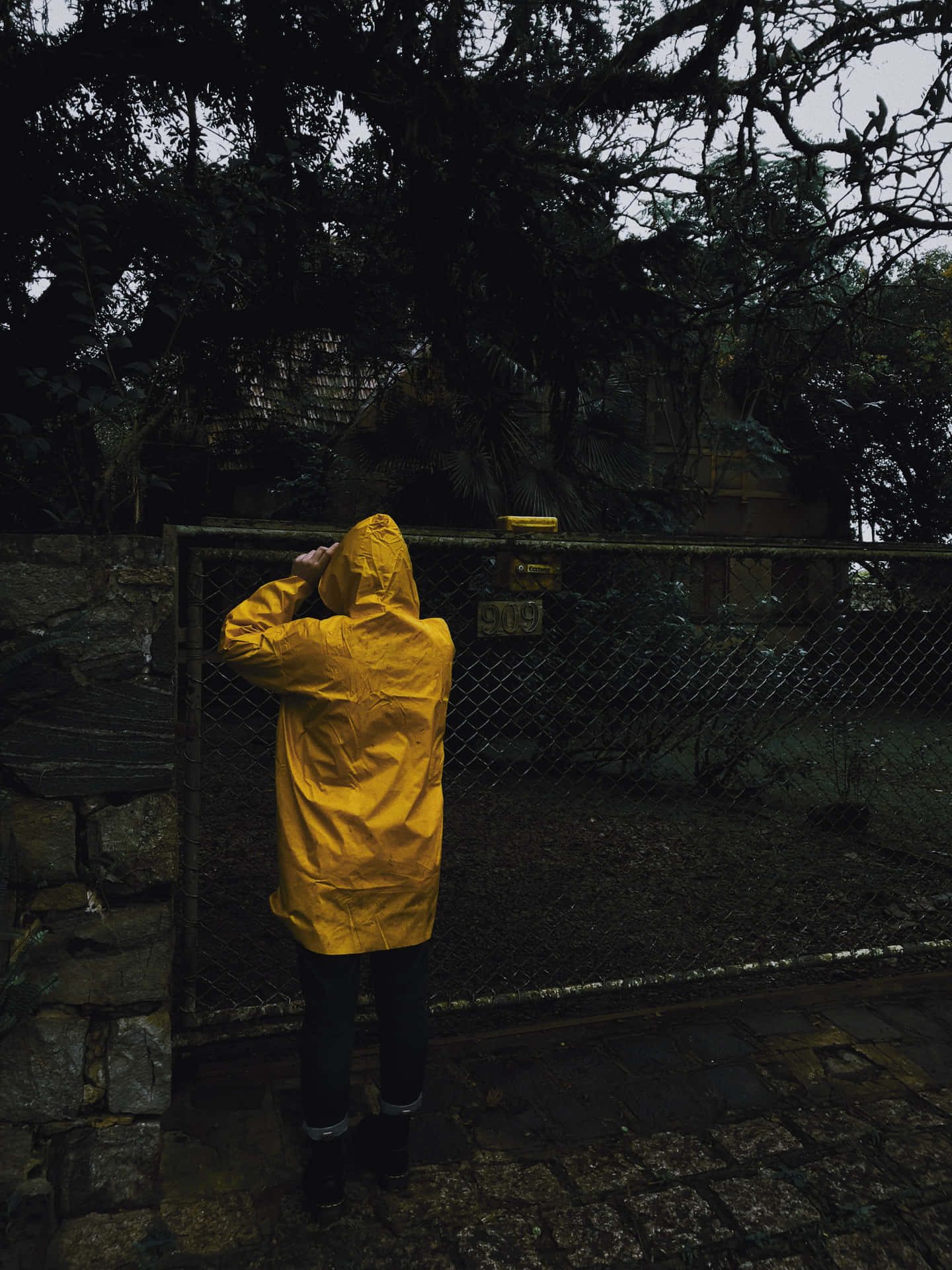 Woman enjoying rain in vibrant yellow raincoat Wallpaper