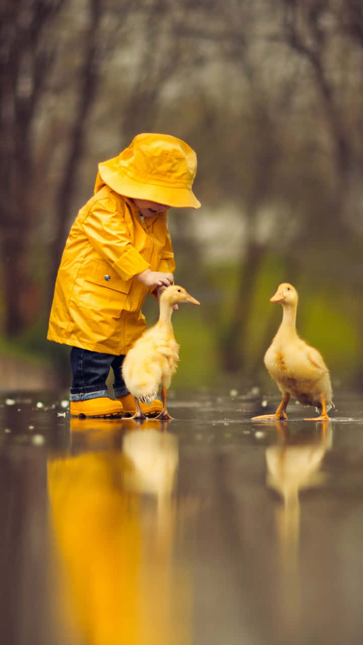 Woman wearing a bright yellow raincoat on a rainy day. Wallpaper