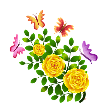 Yellow_ Roses_and_ Butterflies_ Vector PNG