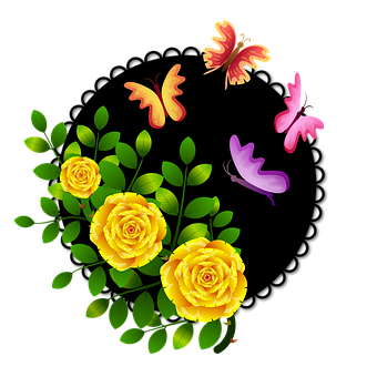 Yellow Rosesand Butterflies Graphic PNG