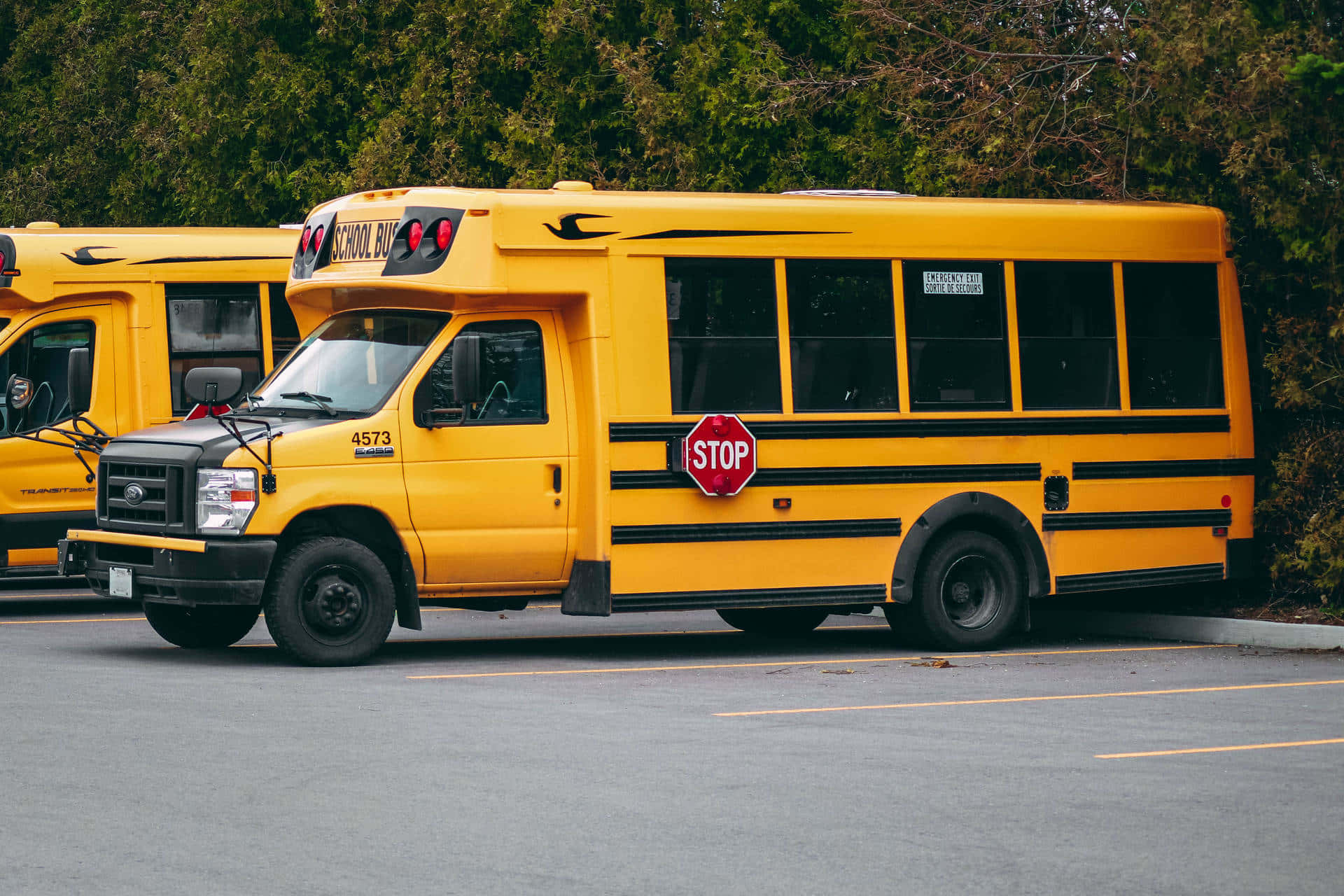 Een Heldere Gele Schoolbus Klaar Om Studenten Veilig Naar Hun Bestemming Te Vervoeren. Achtergrond