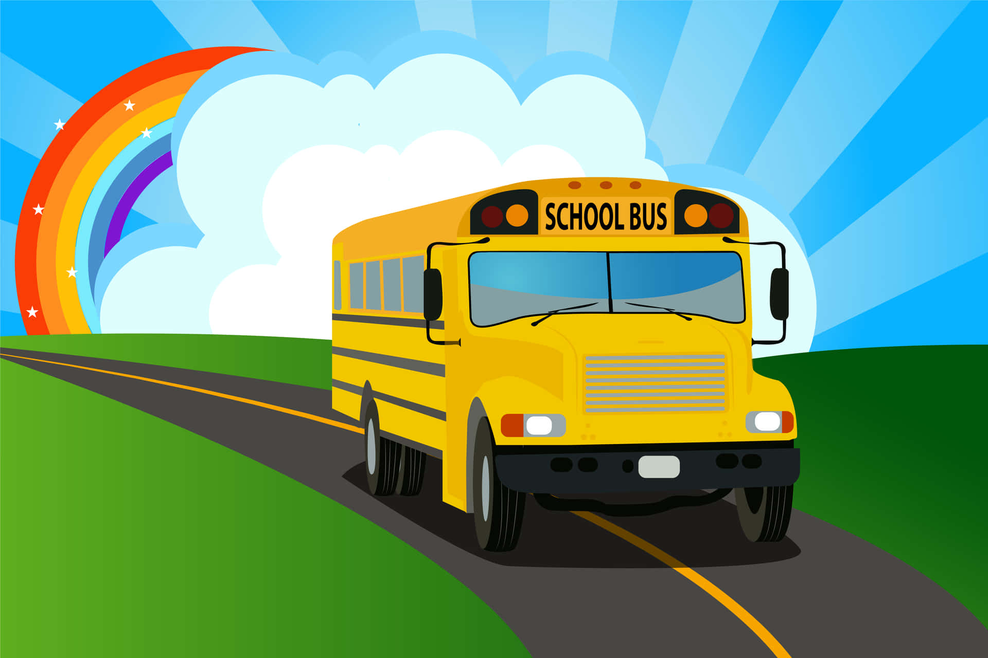 A yellow school bus parked on a sunny day Wallpaper