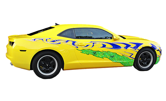 Yellow Sports Car With Graphic Design PNG