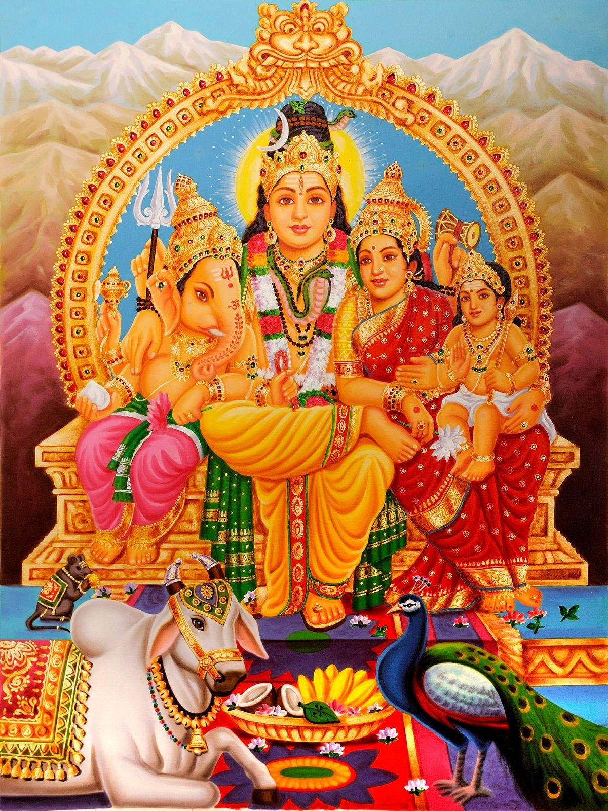 Download Yellow Toned Shiva Parvati Family On Throne Wallpaper | Wallpapers .com