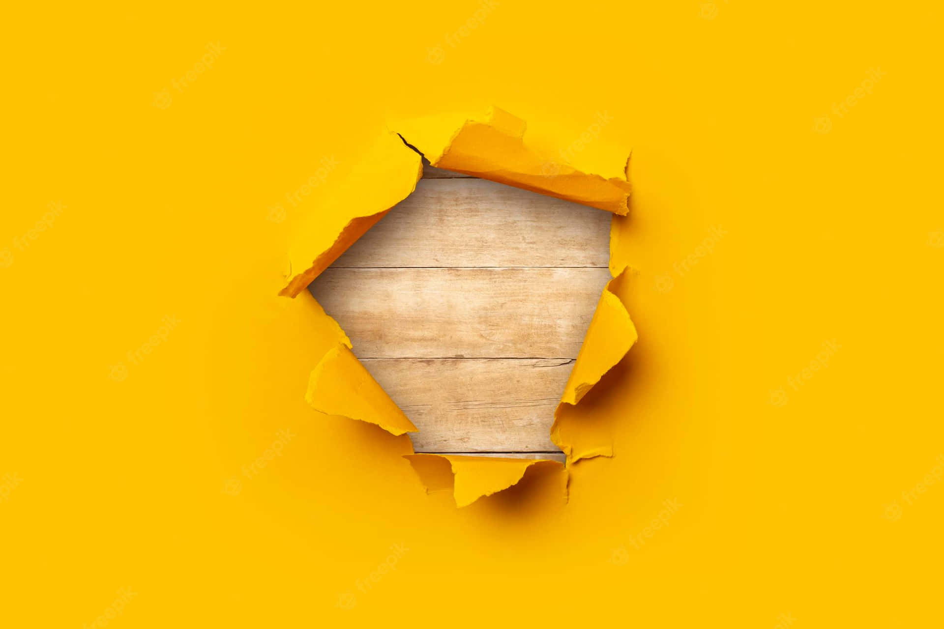Yellow Torn Paper On Wood Wallpaper