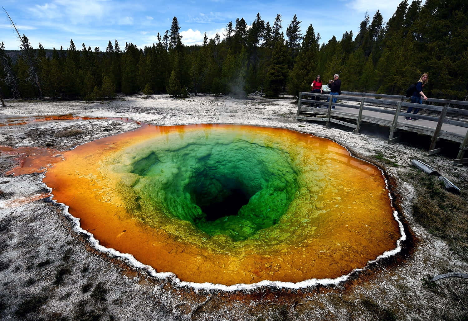 Majestic Yellowstone Geysers erupting amidst picturesque landscape Wallpaper