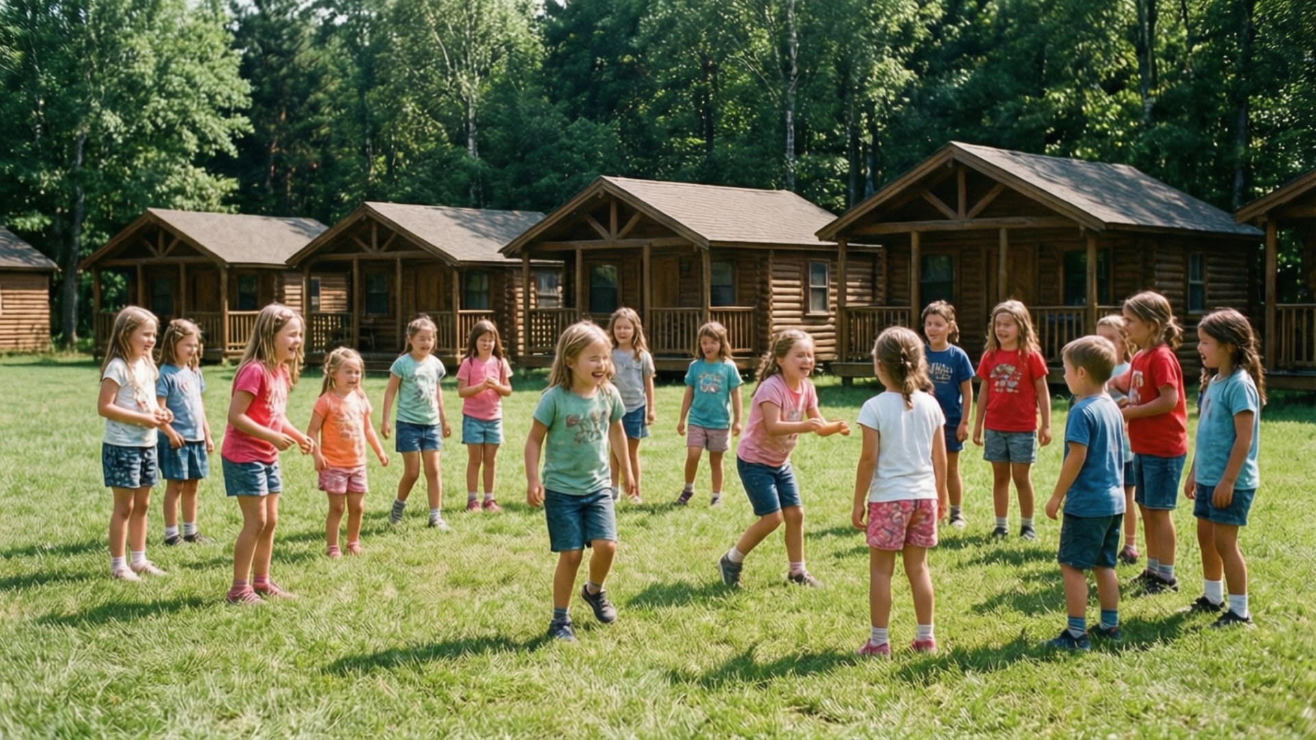 Glade barn på en YMCA sommerleir som nyter en solrik dag utendørs.
