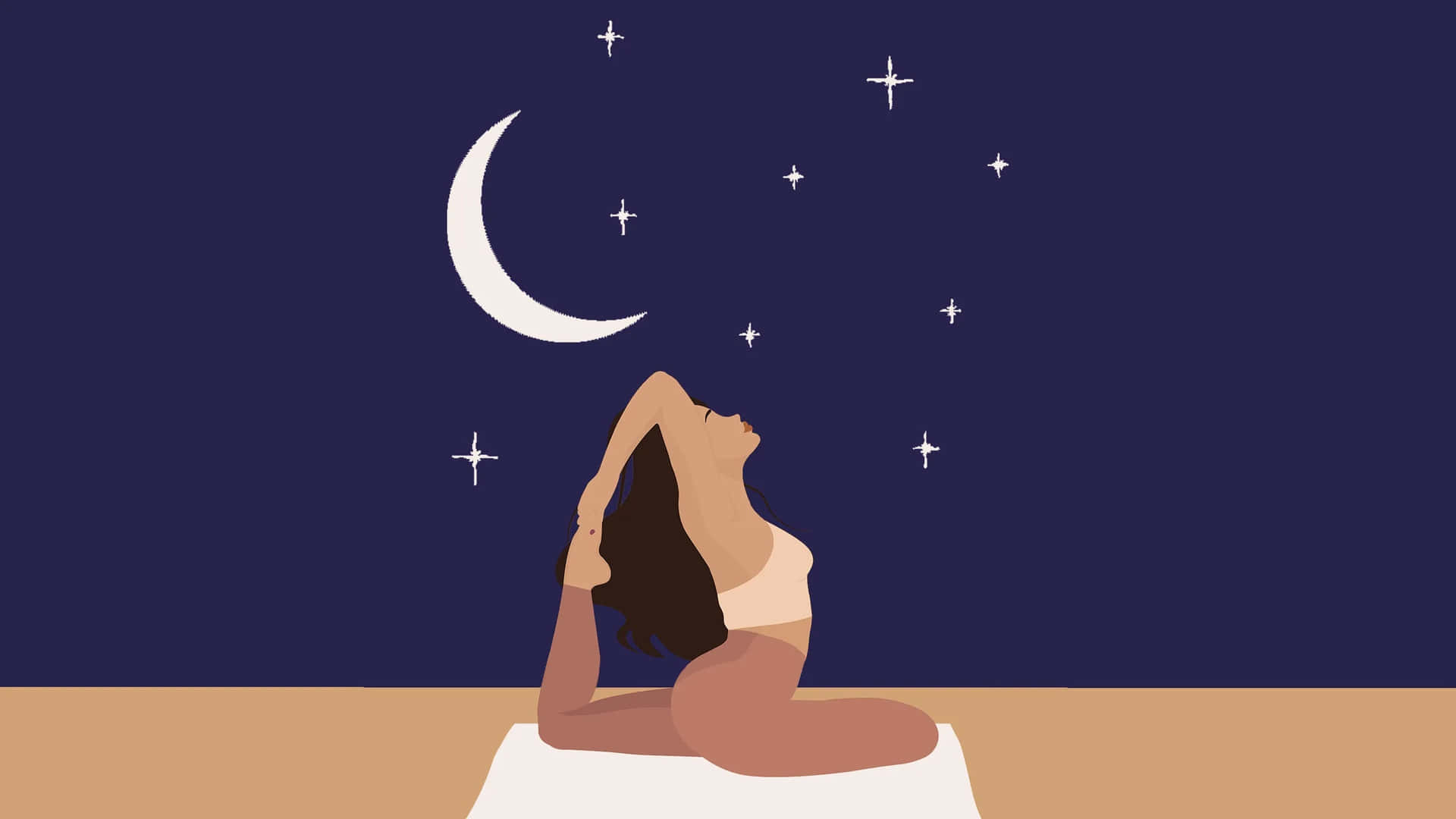 A Woman Doing Yoga In The Night With The Moon And Stars