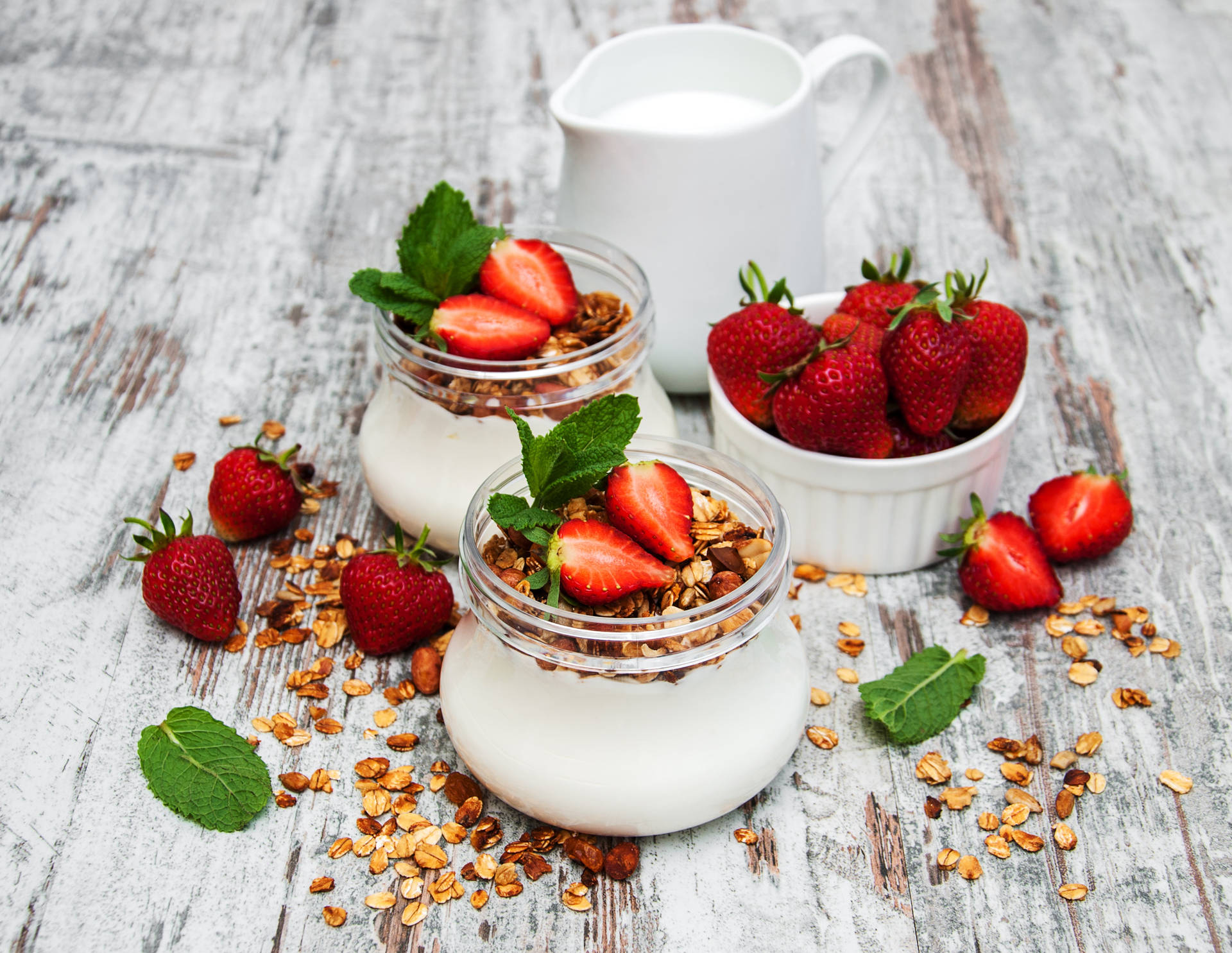Yogurt Pitcher Strawberries Mint Wallpaper