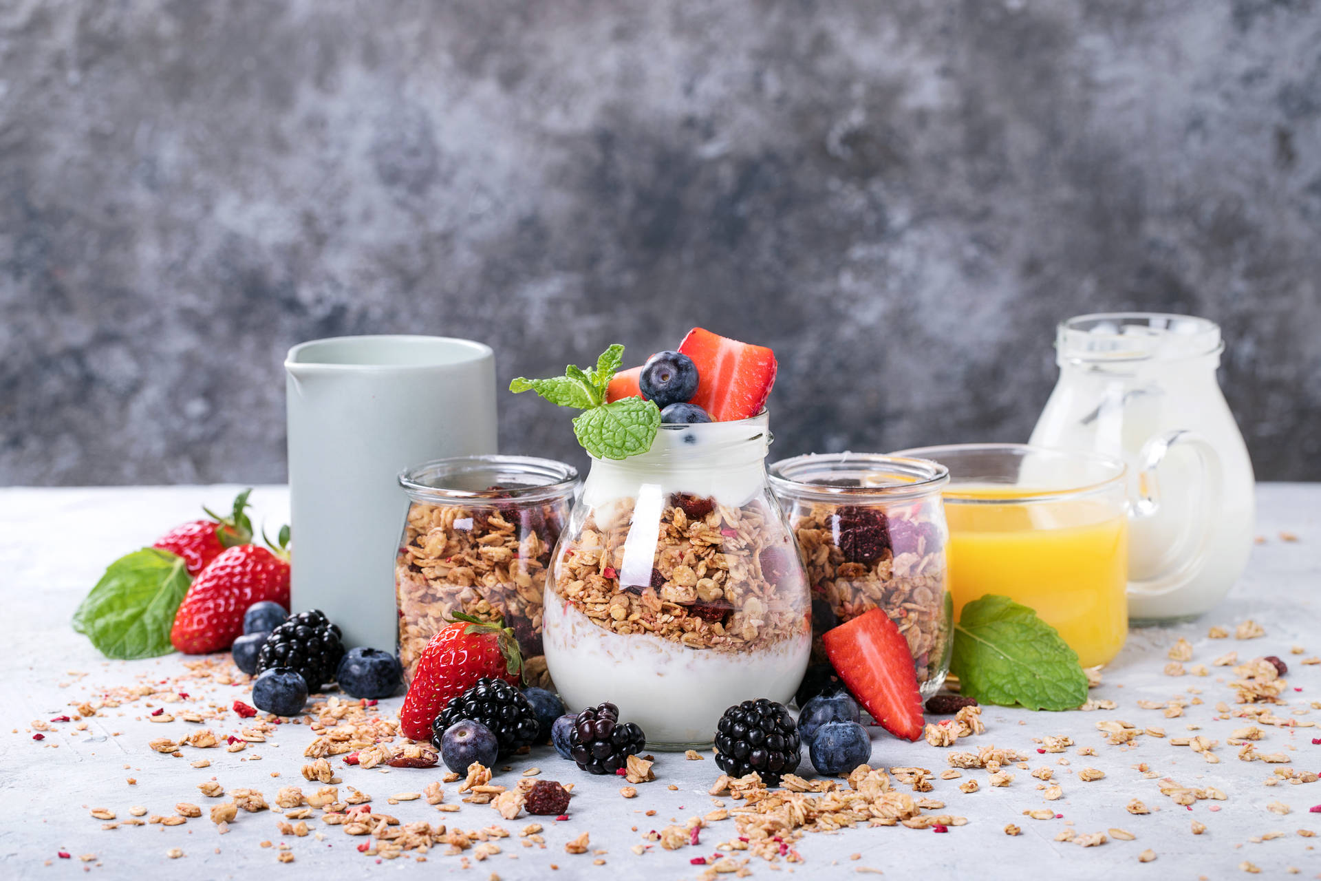 Yogurt With Granola And Fruit Juice Wallpaper