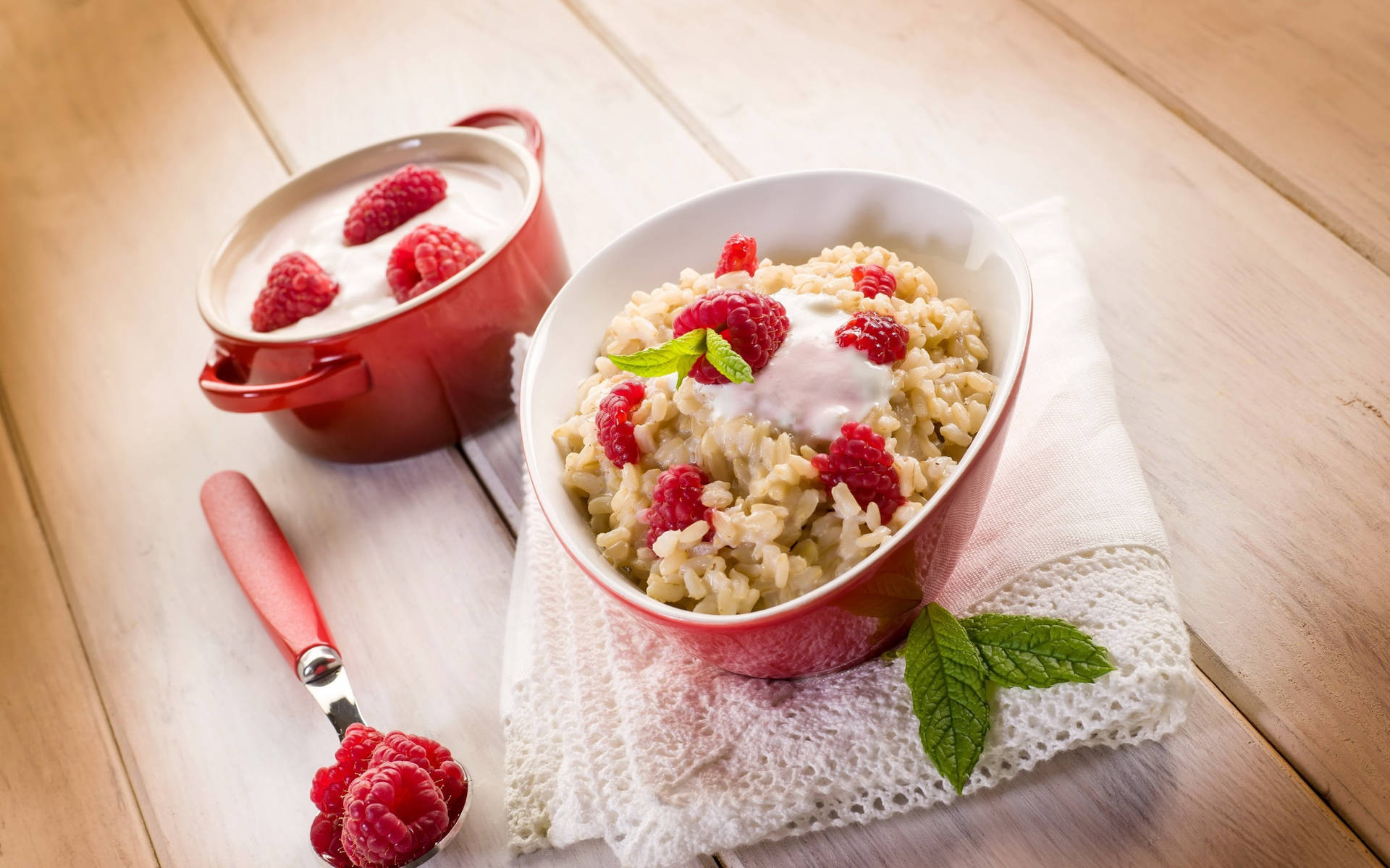 Yogurt With Raspberries And Rice Crispies Bowl