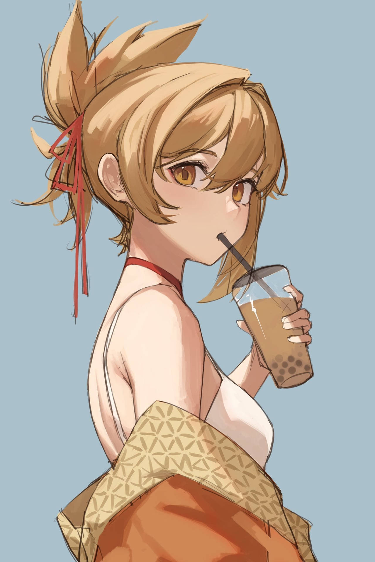 Yoimiya Drinking Bubble Tea Wallpaper