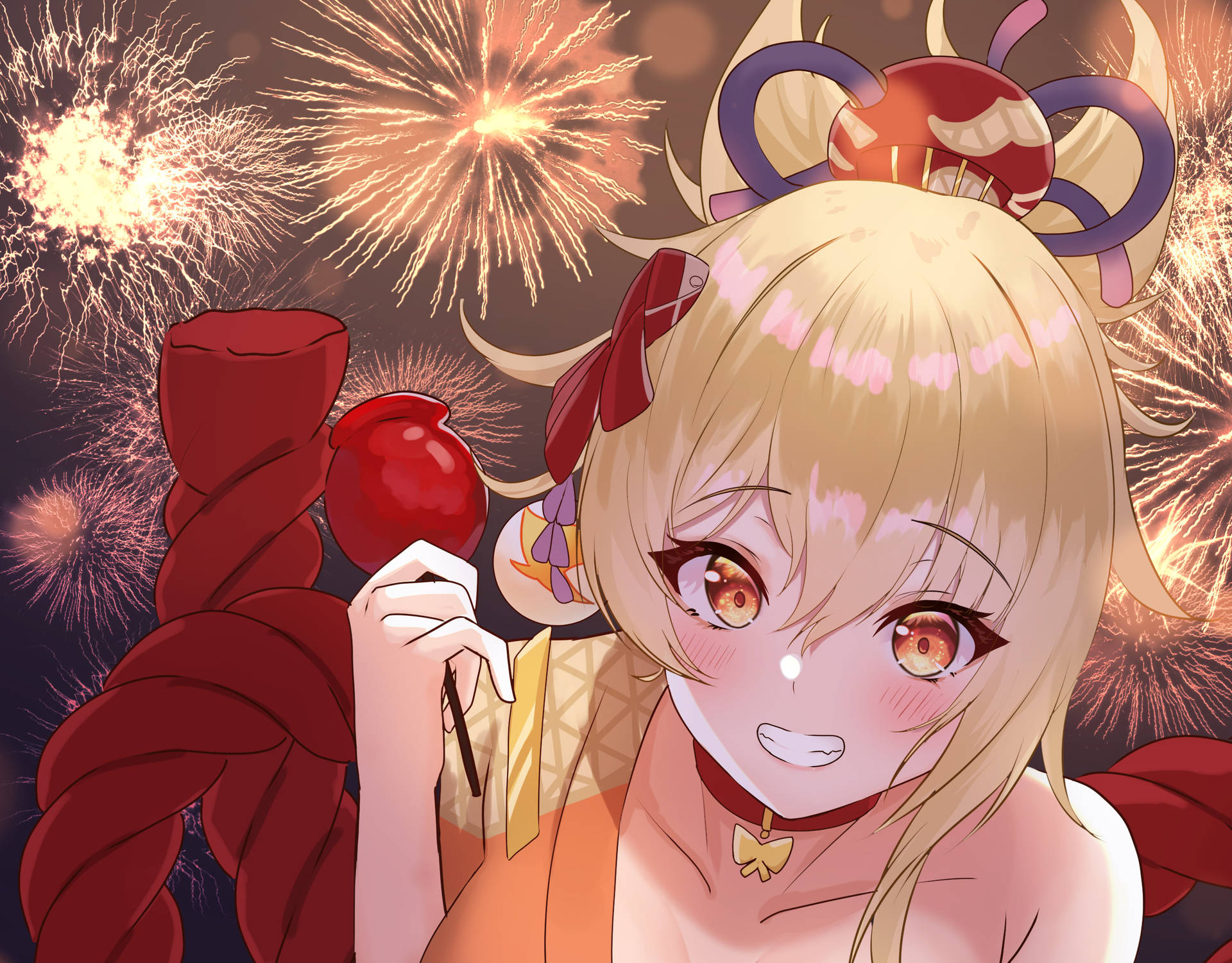 Yoimiya Smiling With Fireworks Wallpaper