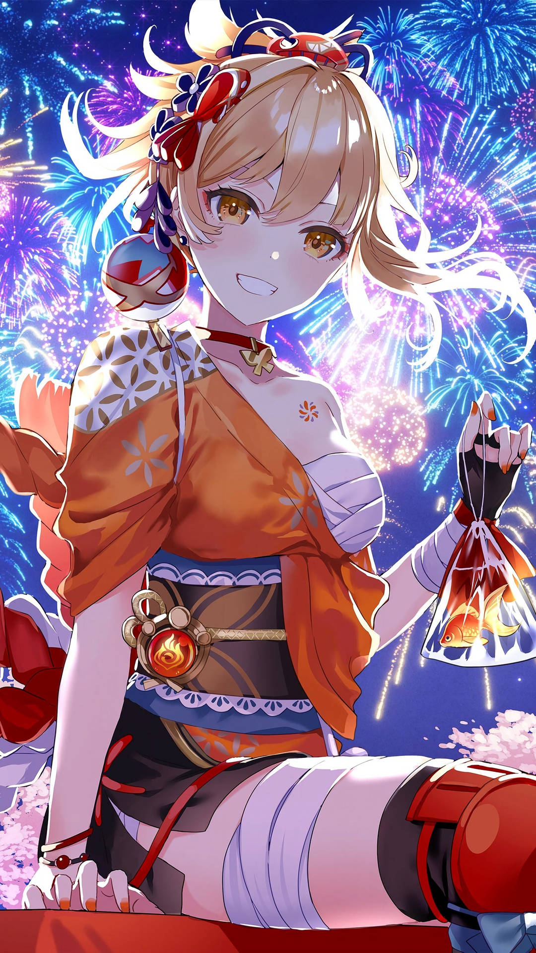 Yoimiya With Colorful Fireworks Wallpaper