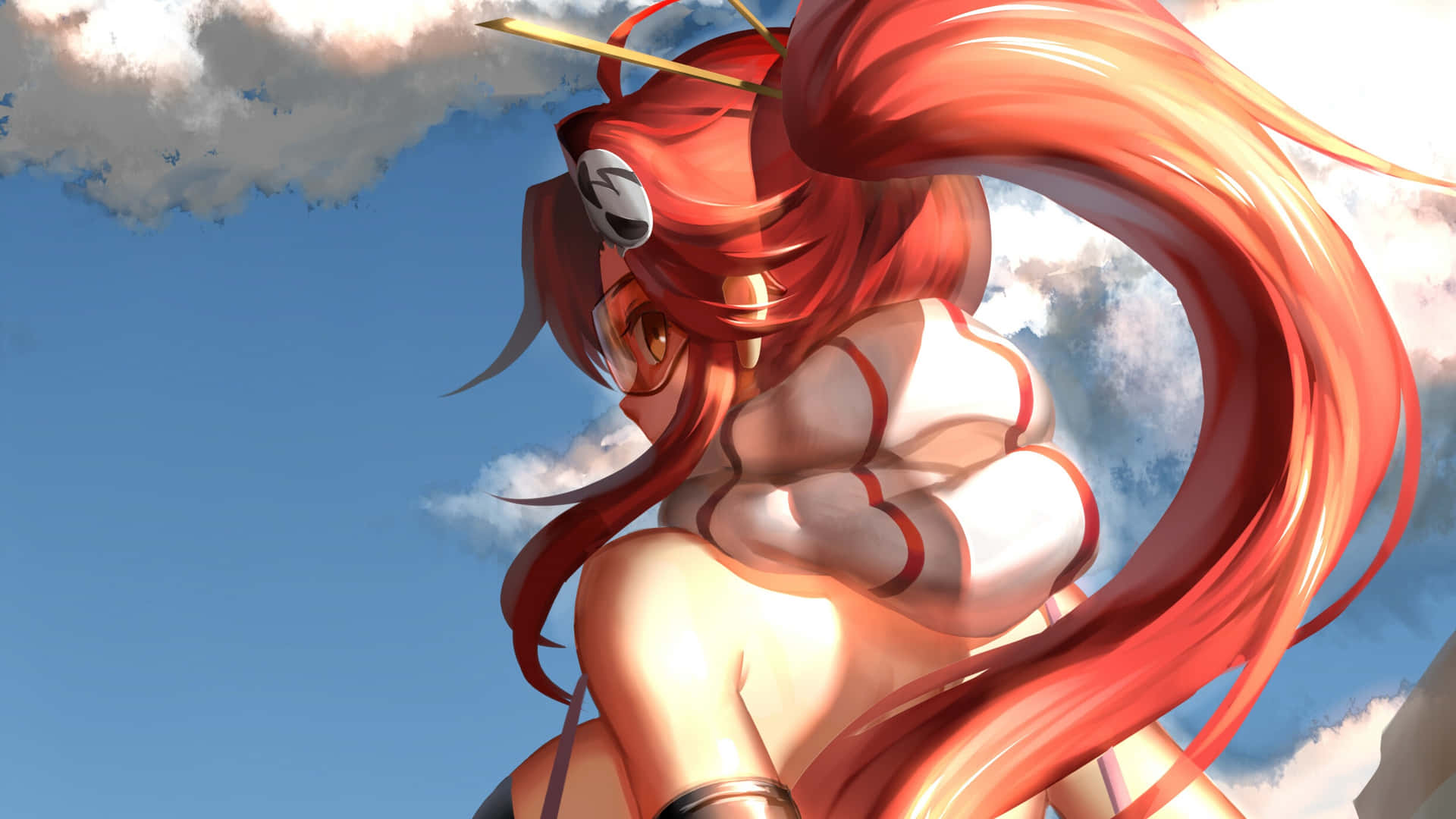 Yoko Littner displaying her combat prowess in a vibrant, action-packed anime setting Wallpaper