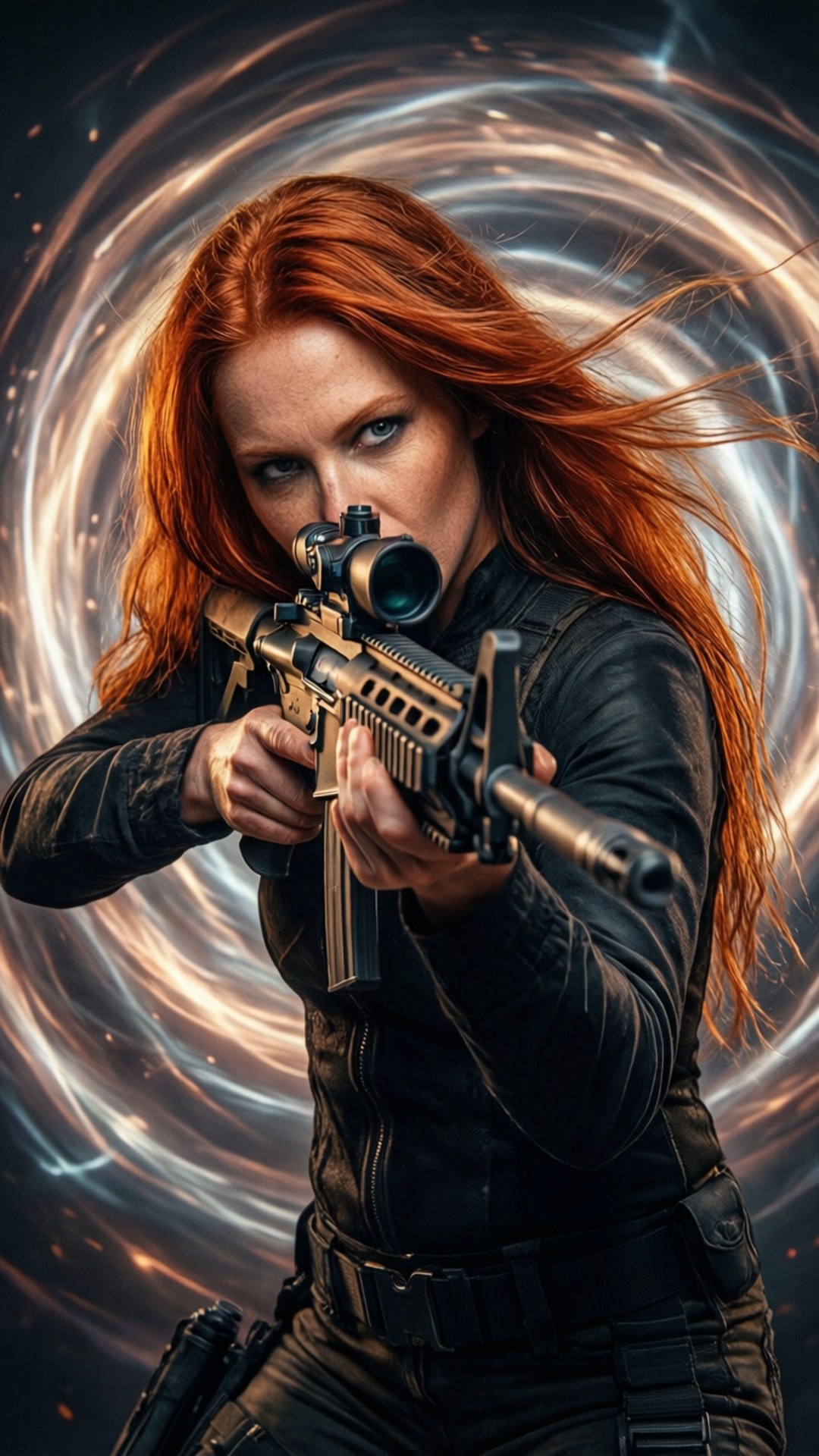 Yoko Littner sigter med en riffel med spiralenergi baggrund.