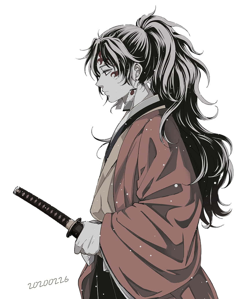 Yoriichi Tsugikuni, en kraftig sværdkæmper fra Demon Slayer, pryder baggrunden. Wallpaper