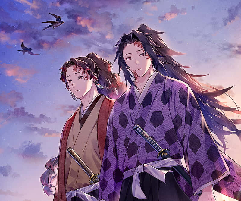 To samuraier står foran en himmel, der eksploderer med fyrværkeri Wallpaper