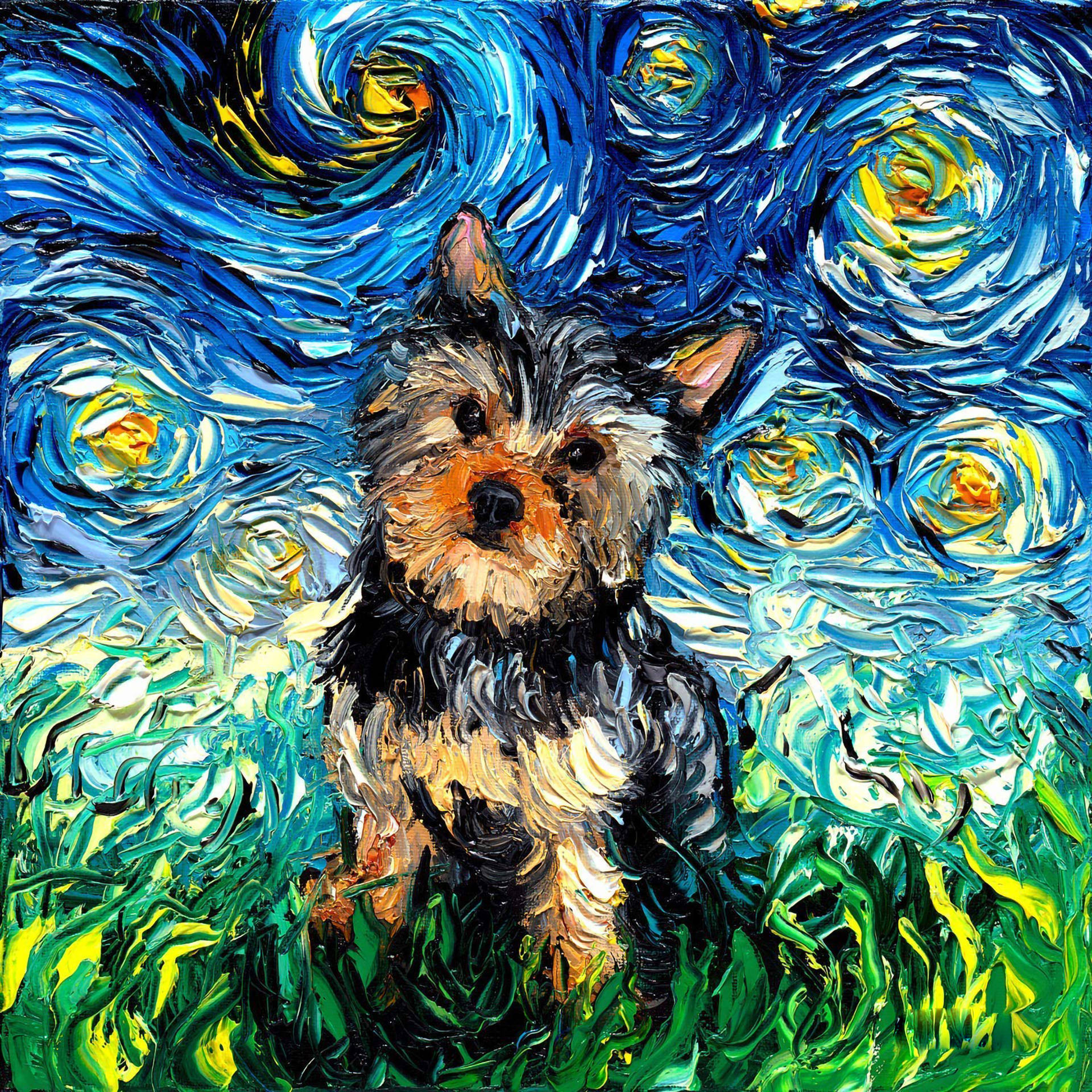 Yorkie Puppy Starry Night Painting Wallpaper