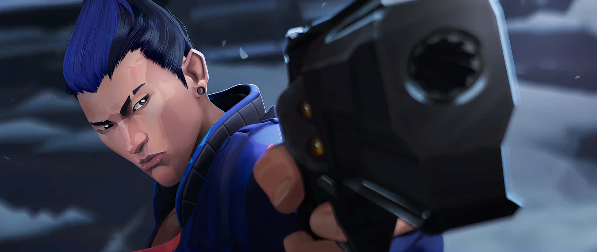 Overwatchun Personaje Con Cabello Azul Sosteniendo Un Arma Fondo de pantalla