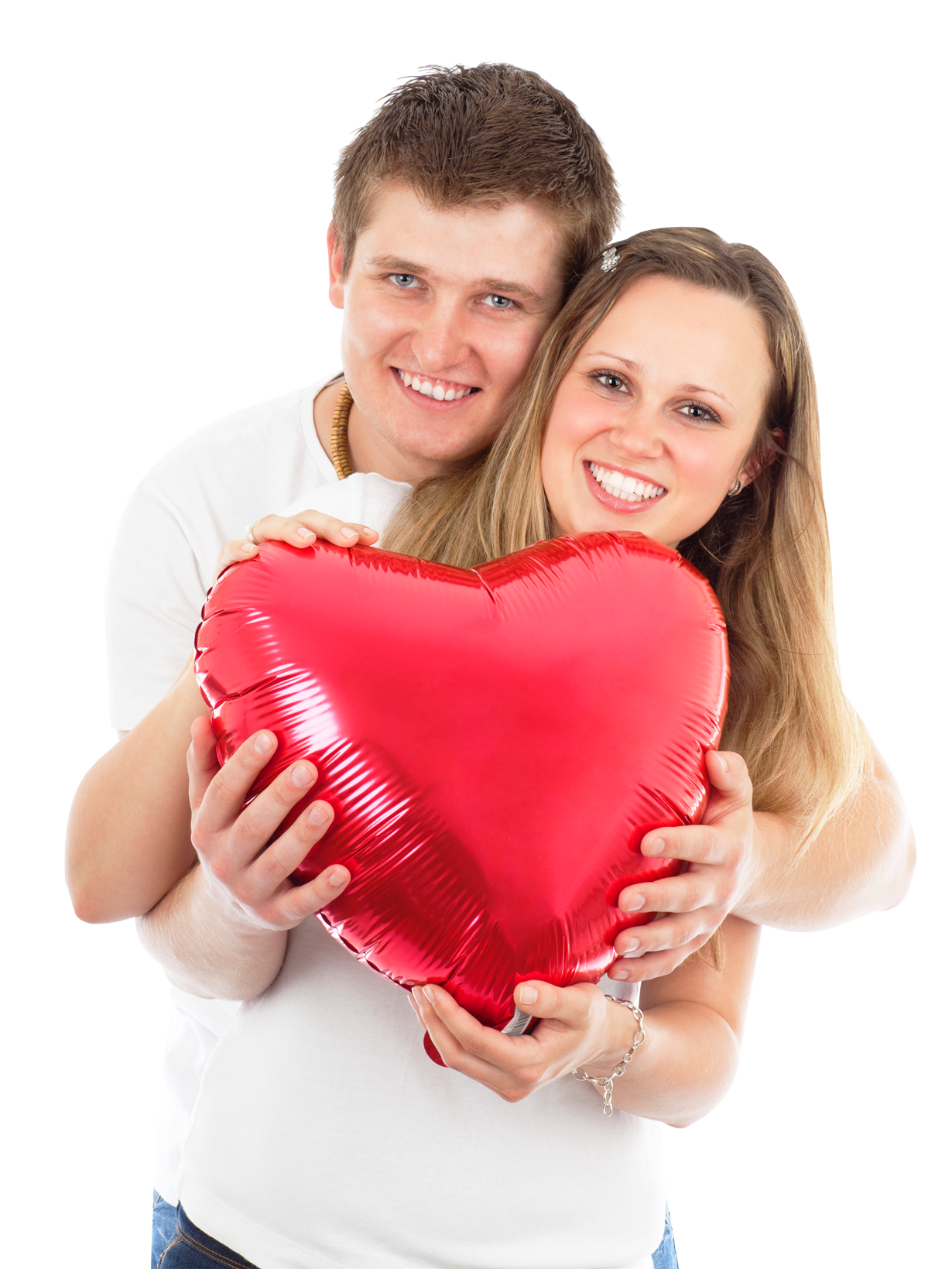 Young Couple Holding Red Heart Balloon PNG