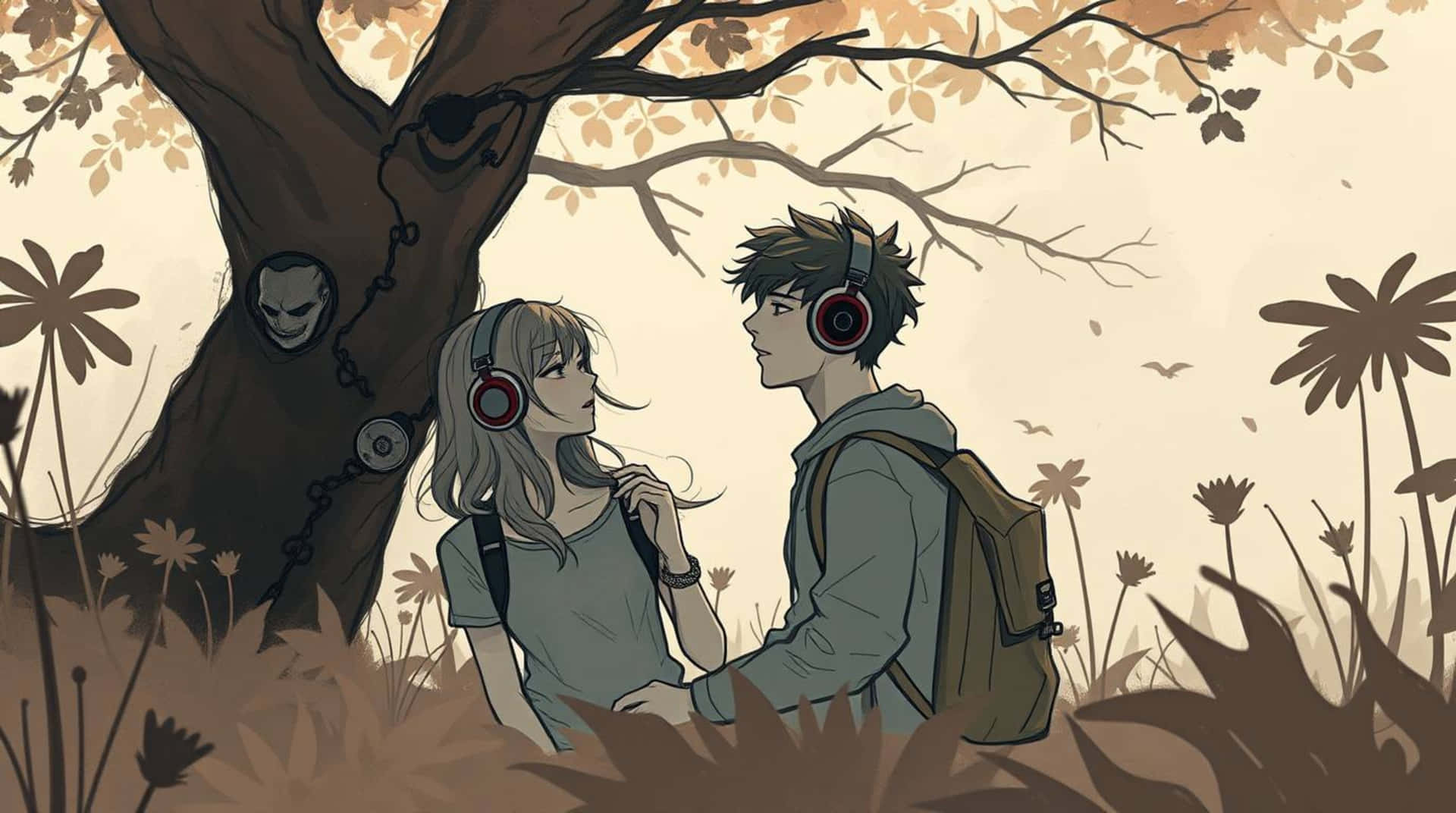 Young Couple Sharing Headphones, Lost In A Moment Under A Stylized Tree, Creating Connection And Int Wallpaper