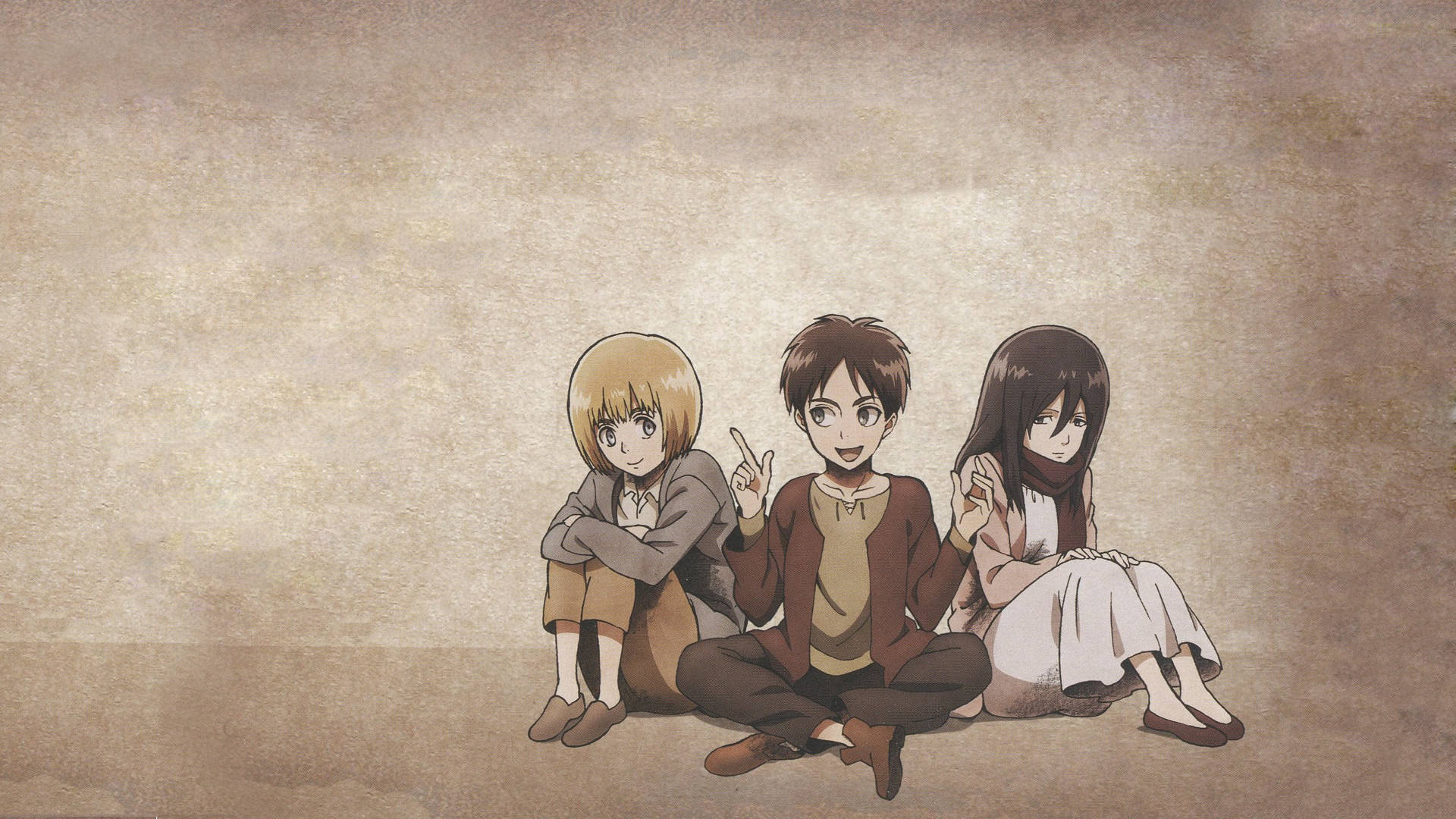 Unge Eren Yeager, Mikasa og Armin i et kollage. Wallpaper