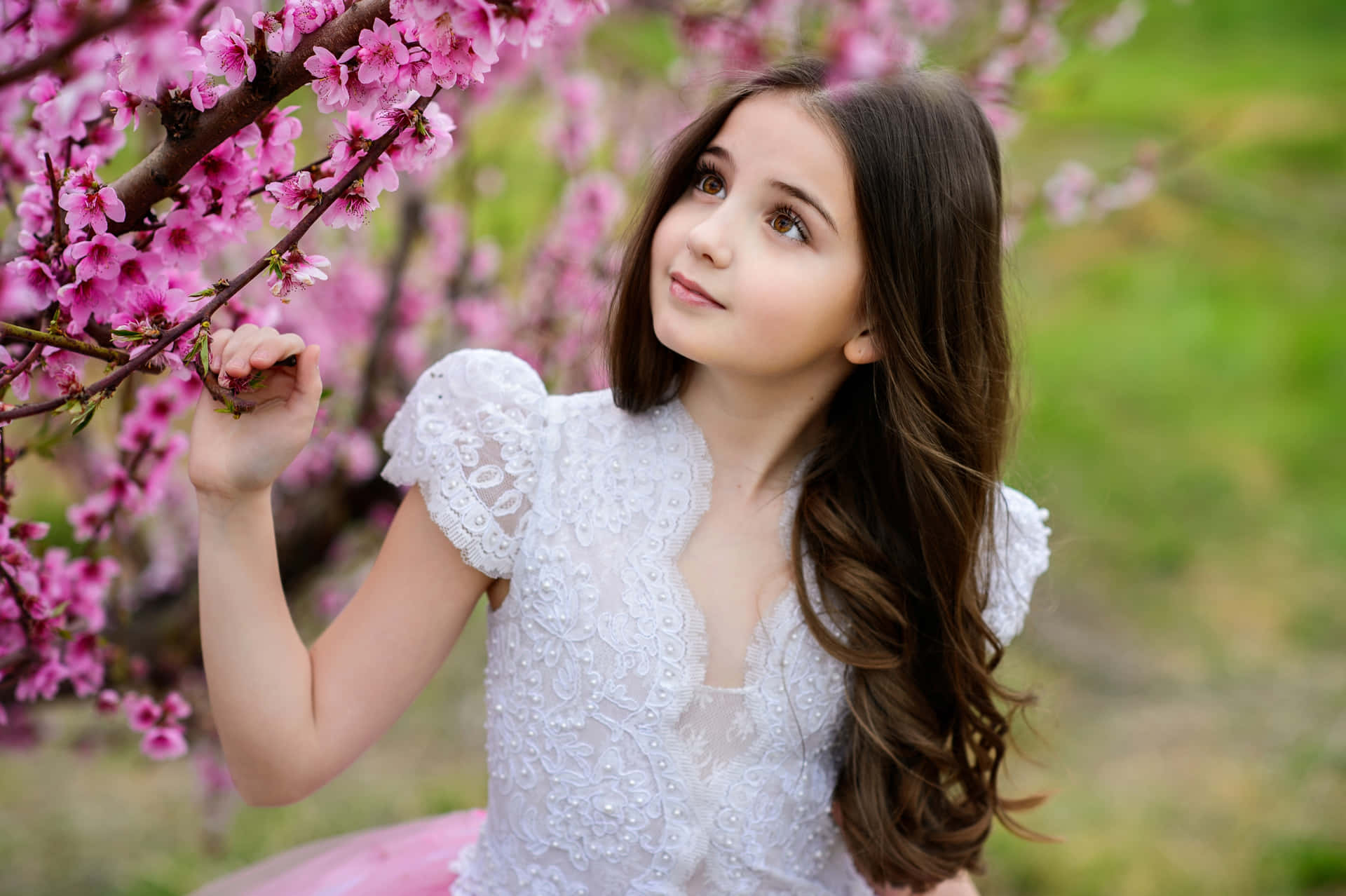 Young Girl Admiring Spring Blossoms Wallpaper